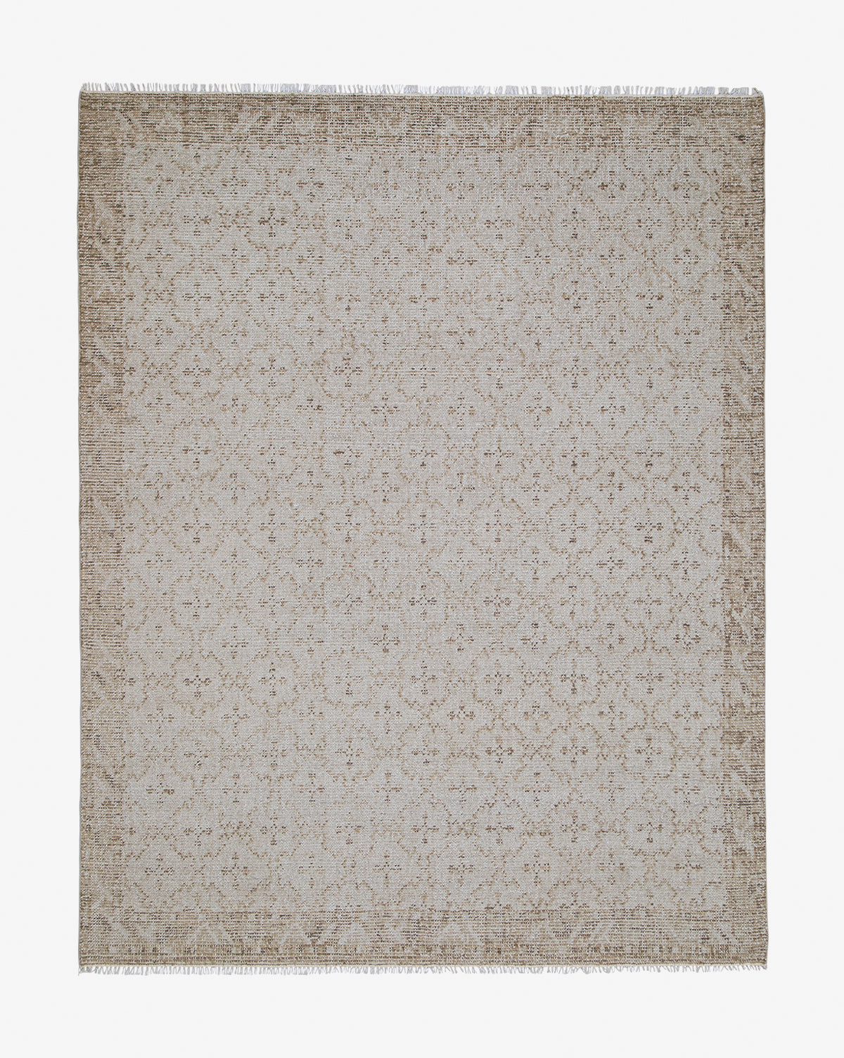 The Mali Hand-Knotted Rug is rectangular and beige, featuring a subtle, intricate floral pattern with short fringe on the shorter edges, displayed flat on a white background, by Vendixs