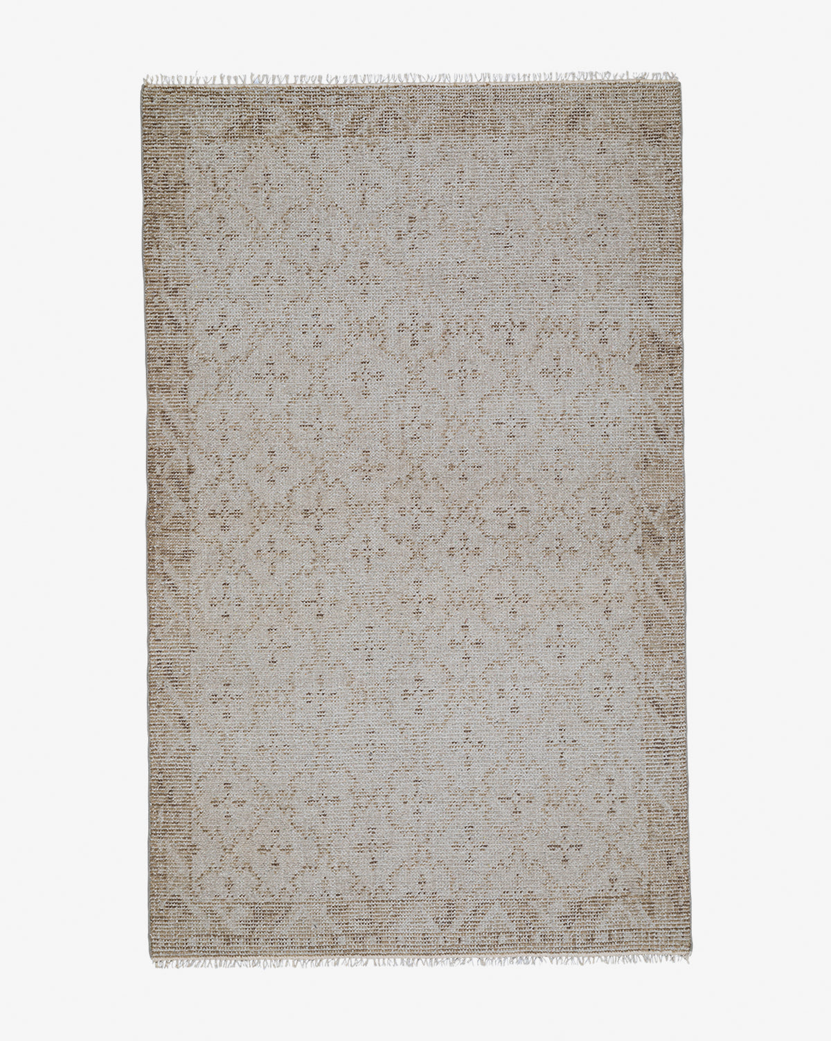 The Mali Hand-Knotted Rug is rectangular and beige, featuring a textured woven look with a subtle floral pattern, light brown border, and short fringe on the ends, by Vendixs