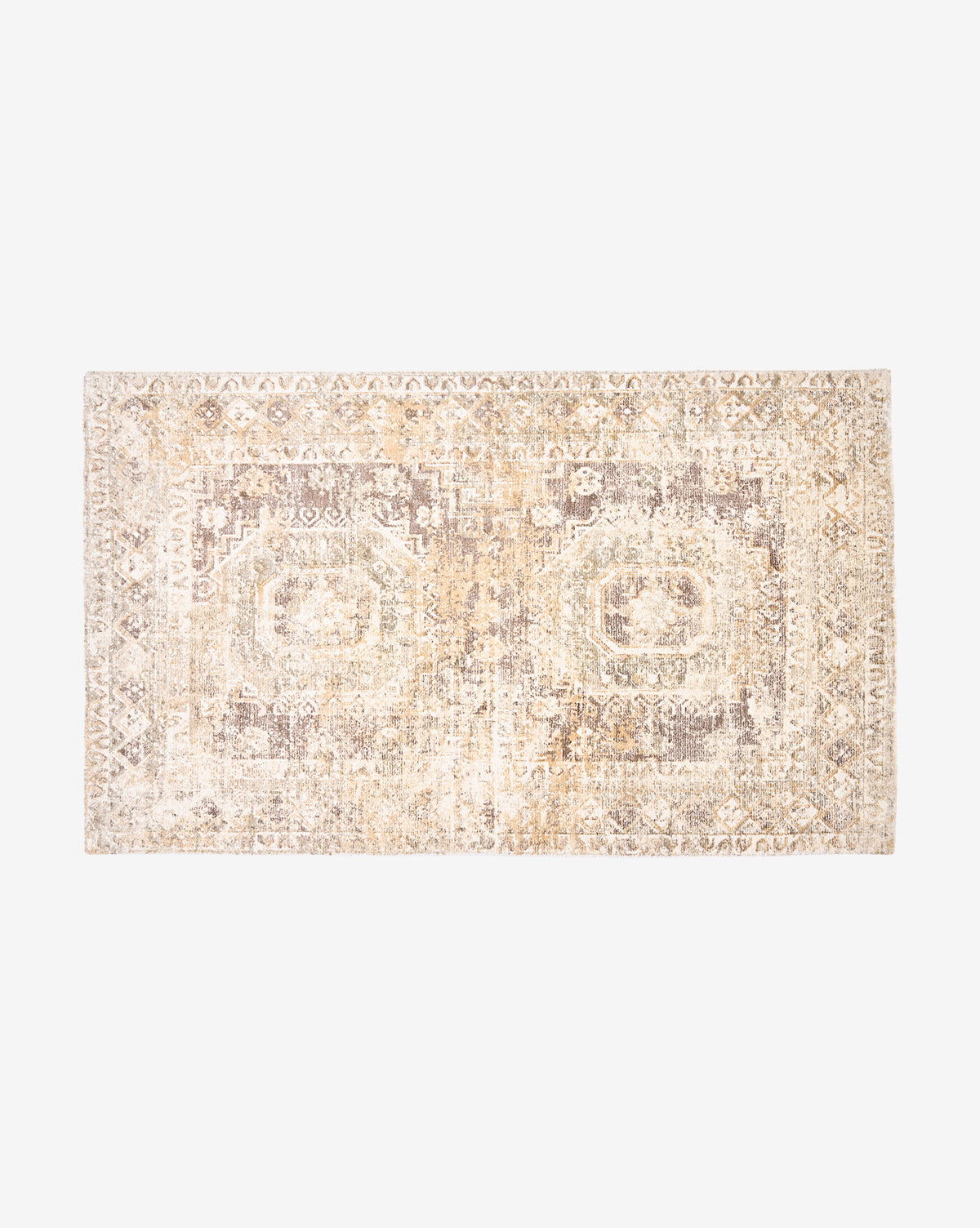 The Marcella Handwoven Rug features a rectangular wool blend with a vintage-inspired, faded geometric and floral pattern in beige, cream, and muted brown on a white background for timeless, distressed appeal, by Vendixs