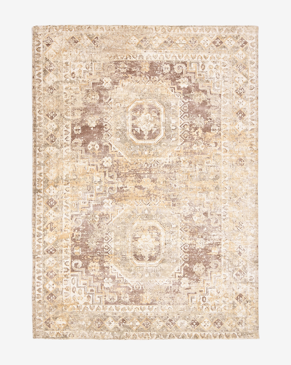 The Marcella Handwoven Rug features a traditional, vintage-inspired rectangular design in neutral beige, brown, and cream tones with symmetrical geometric and ornamental patterns, by Vendixs