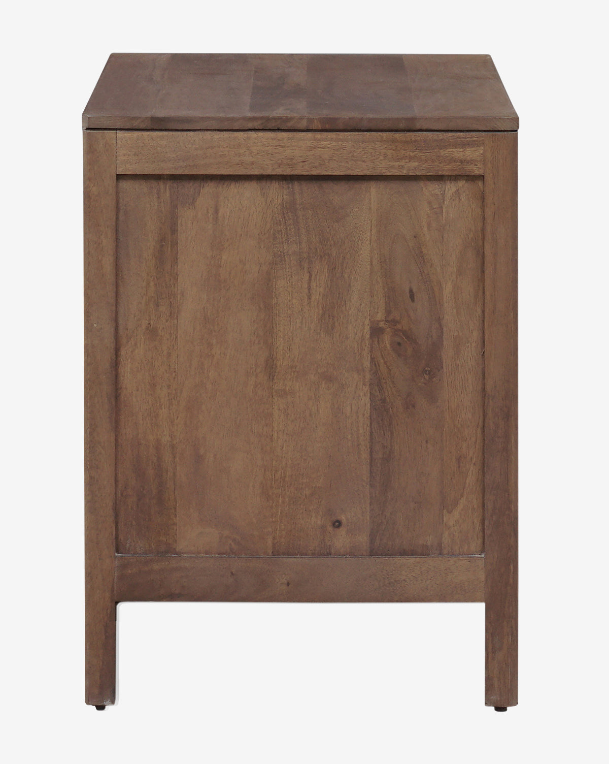 A front-facing view of the Margaery Nightstand, a simple, square solid wood piece with a flat top, natural brown finish, plain panel design, and short legs by Vendixs