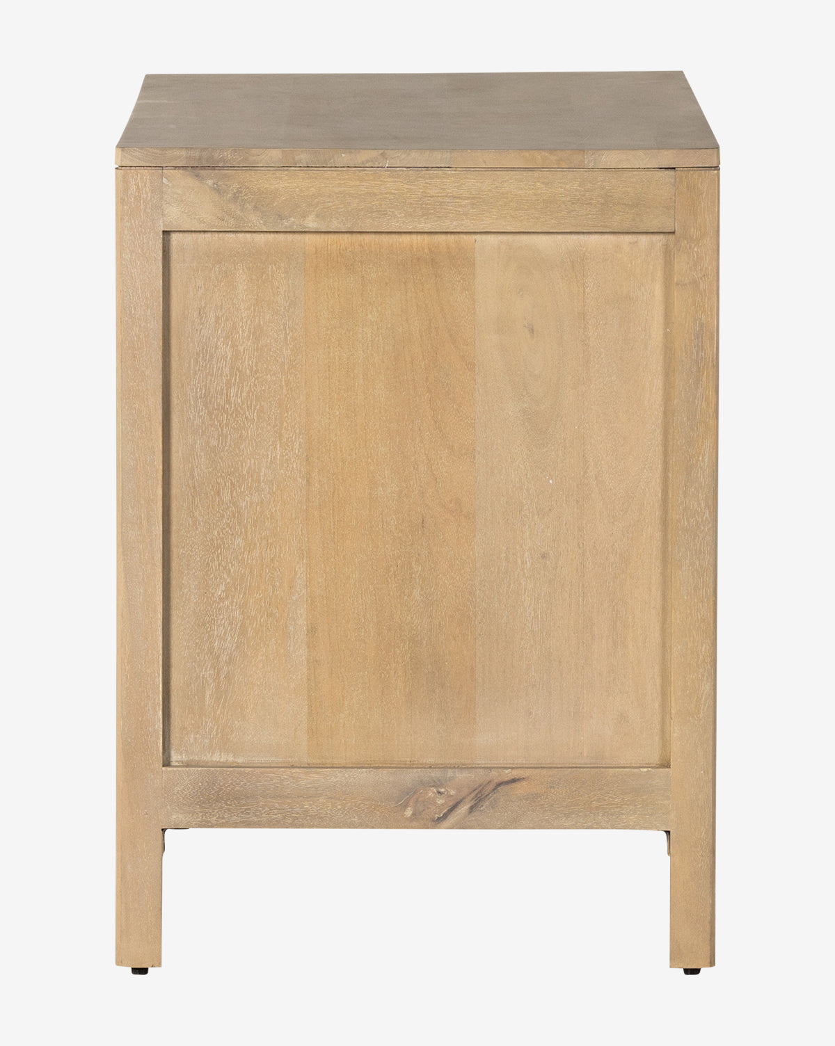 The Margaery Nightstand features a square mango wood design with a light natural finish, flat top, and simple straight legs, shown from the front against a white background by Vendixs