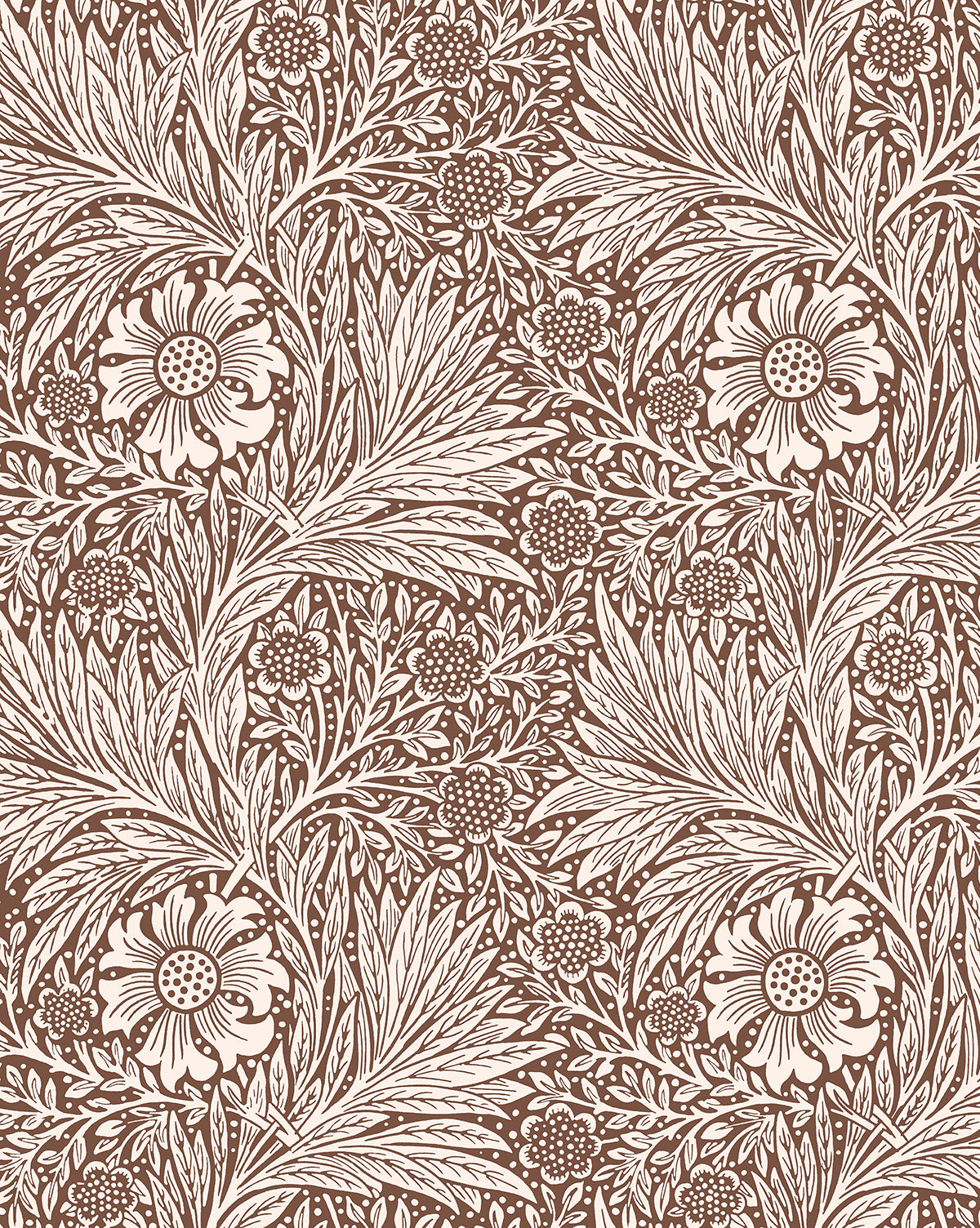 The Morris & Co. x Vendixs Marigold Umber Wallpaper by Sanderson Design Group, Inc. features white floral and leafy motifs on a brown background, echoing Morris & Co.s classic botanical designs with intricate stylized flowers and branches by Vendixs