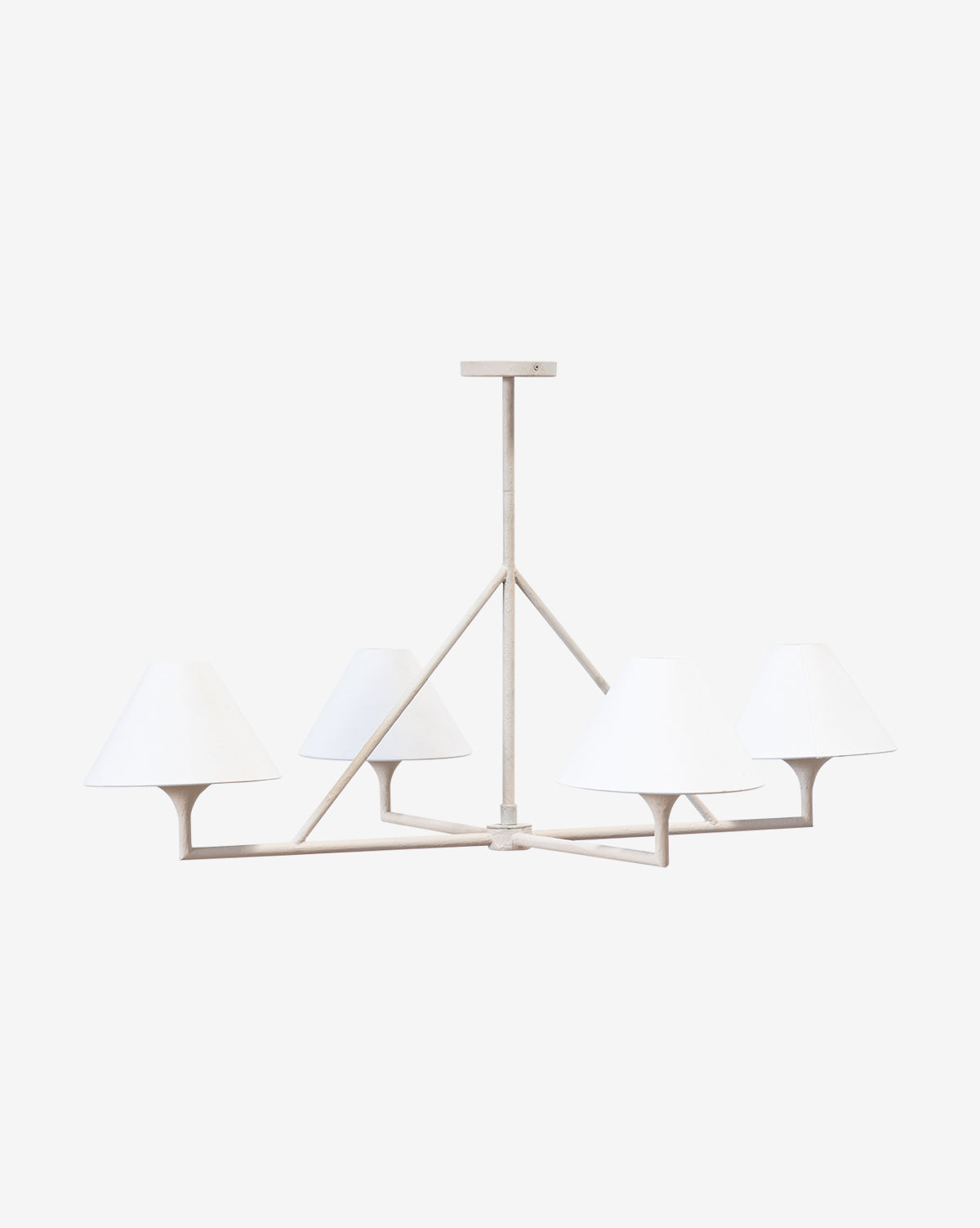 The Marilyn Chandelier by Makerspalm is a modern geometric light fixture with four white conical lampshades on a sleek metal frame, suspended from the ceiling against a plain white background. Vendixs