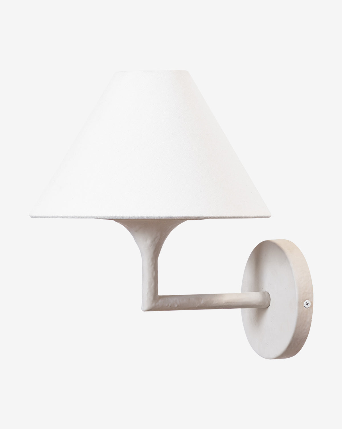 The Makerspalm Marilyn Sconce is a white, wall-mounted fixture with a round base and cone linen shade on a short, angled arm, shown against a plain white background. Vendixs