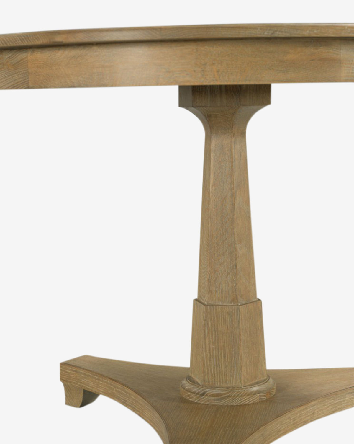 A close-up of the Marna Entry Table shows its round oak tabletop and sturdy pedestal base with three curved legs, all set against a white background by Vendixs