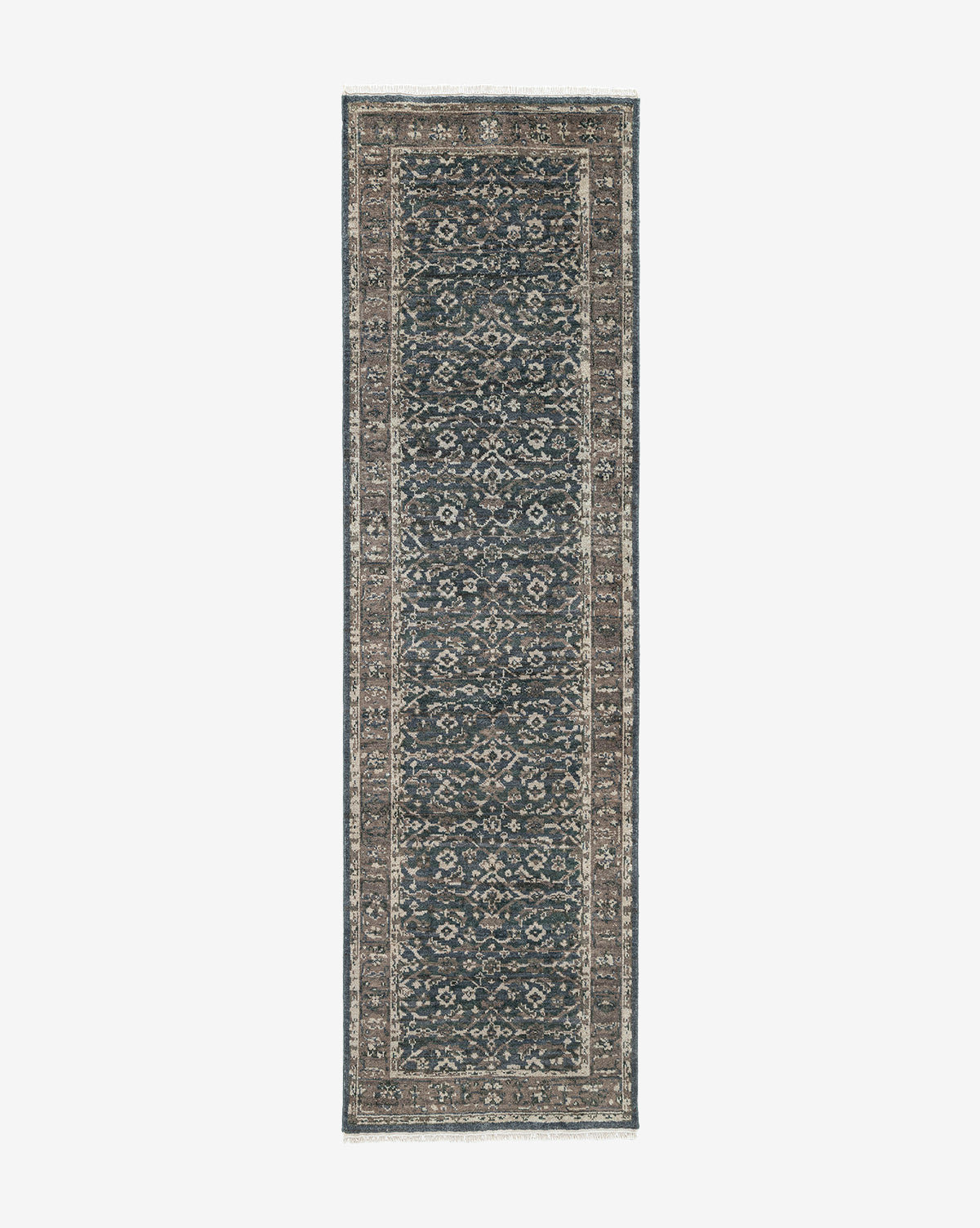 The Marta Hand-Knotted Wool Rug is a rectangular wool rug with an intricate traditional pattern in dark blue, brown, and beige, detailed borders, and a symmetrical central design, by Vendixs