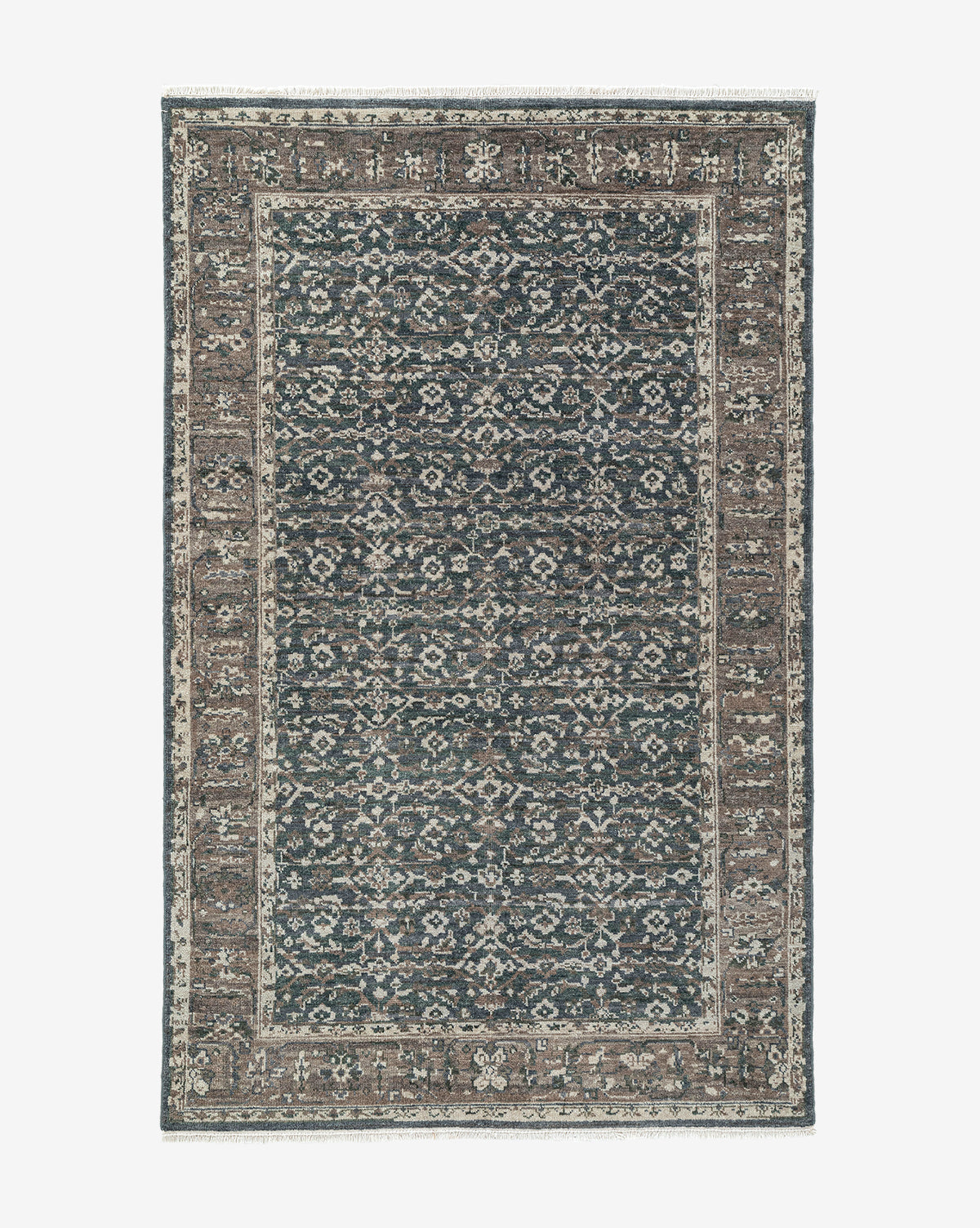 The Marta Hand-Knotted Wool Rug features an intricate floral and geometric design in blue, brown, and beige tones, highlighted by a wide decorative border and a detailed central motif, by Vendixs