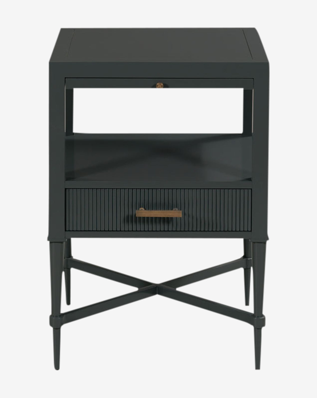 The Martinez Nightstand showcases a modern black finish, slender legs with crisscrossed supports, a reeded drawer front with brass hardware, and an open center shelf for stylish storage, by McGee & Co.