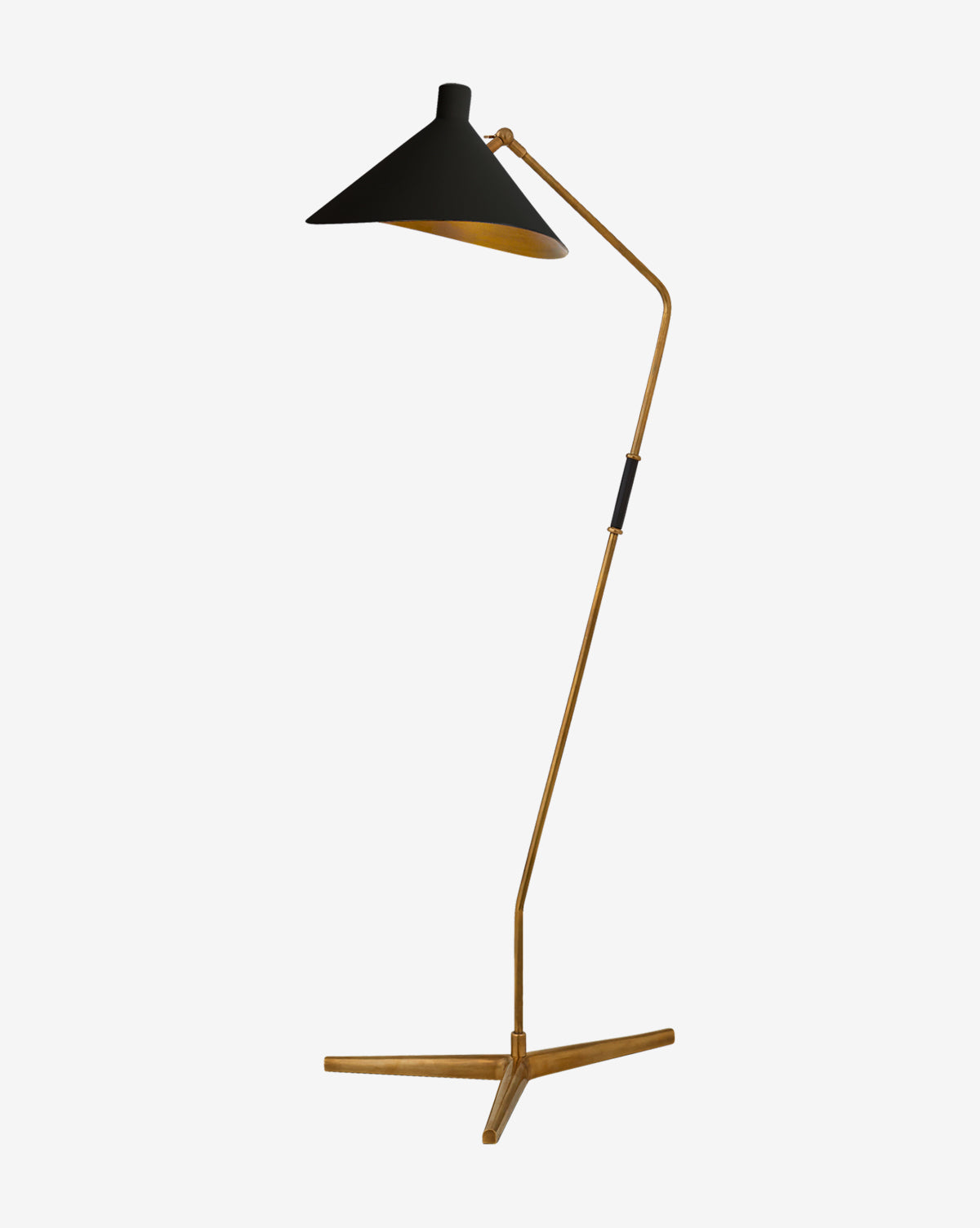 The Mayotte Offset Floor Lamp by Visual Comfort & Co. Signature features an antique brass, angular metal stand, a wide black shade, and a three-legged base, shown against a plain white background. Vendixs