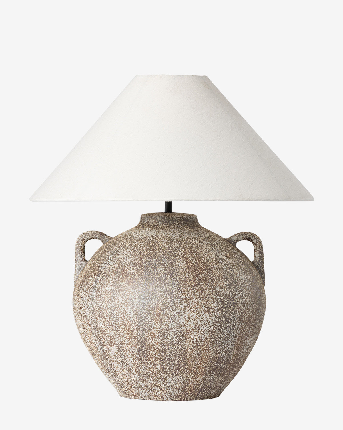 The Mays Table Lamp features a sand-colored, textured ceramic base with two handles, reminiscent of a rustic vase, and is topped with a wide off-white fabric shade, shown against a plain white background, by Vendixs