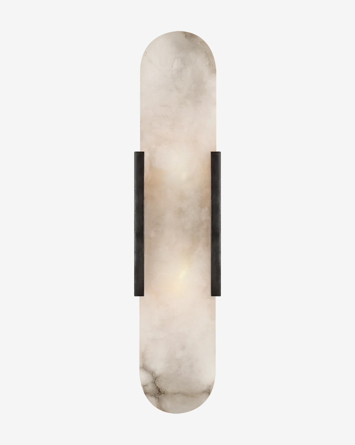 The Melange Elongated Sconce by Visual Comfort & Co. Signature features a modern, elongated rectangular shape with an alabaster shade and two black metal accents for a chic look. Vendixs