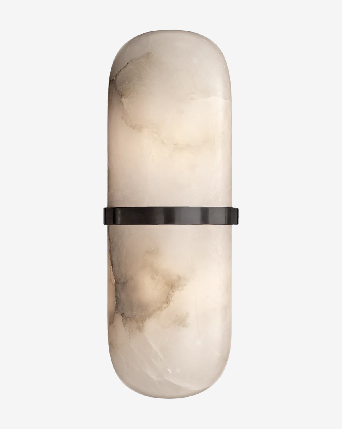 The Melange Pill Form Sconce by Visual Comfort & Co. Signature features an elongated, rounded white alabaster shade with soft marbled patterns and a dark metal band encircling its center for a modern, elegant look. Vendixs