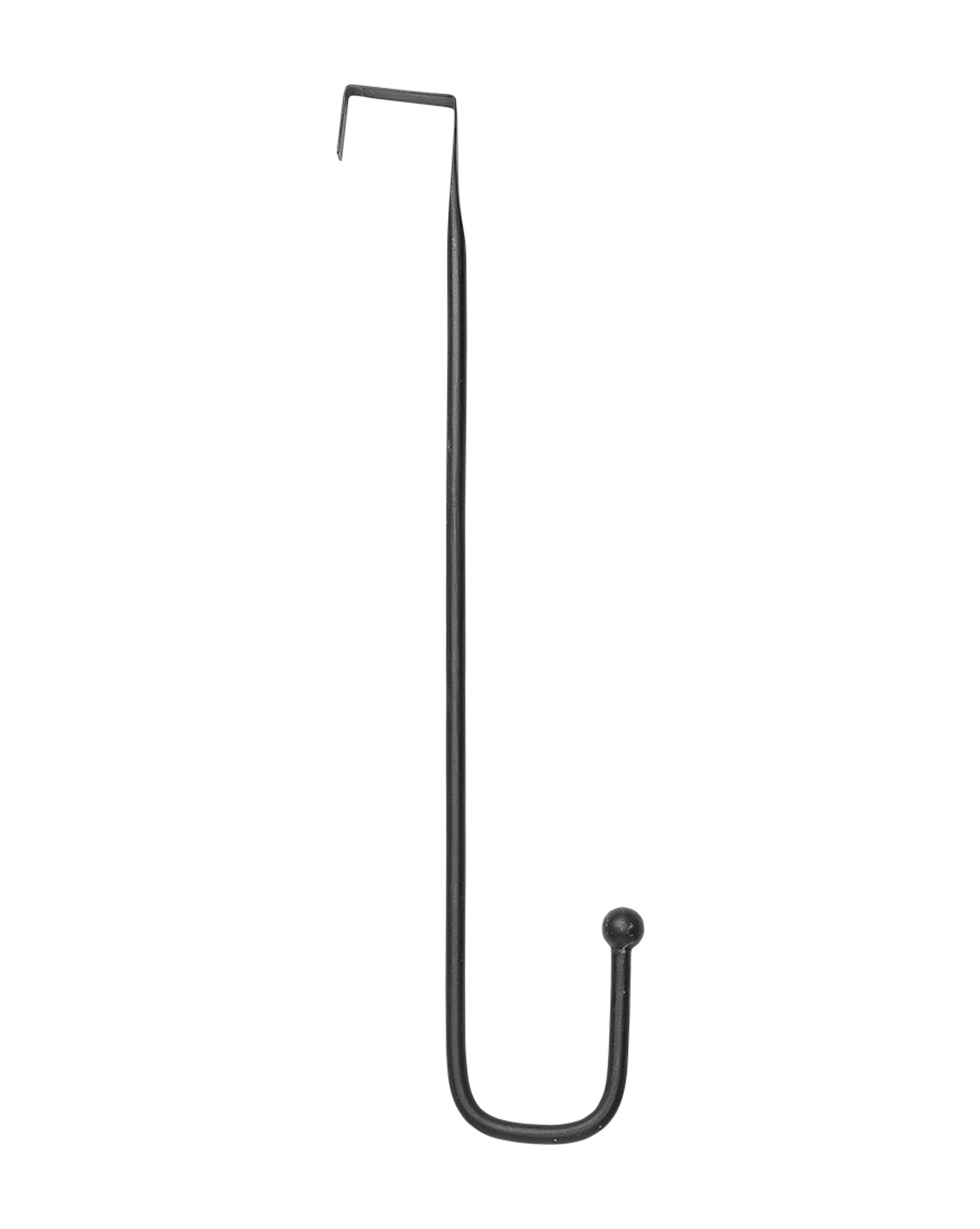 The Metal Wreath Hanger features a long black design with a square top and rounded bottom, perfect for hanging wreaths or decorations. Its modern look blends style and functionality for your decor needs.