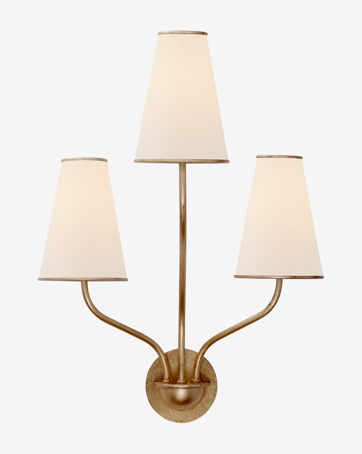 The Montreuil Wall Sconce by Visual Comfort & Co. Signature features a brass finish with three arms and white tapered shades in a fan shape, creating striking statement lighting against a plain white background—perfectly suited for spaces inspired by the signature aesthetic of Vendixs