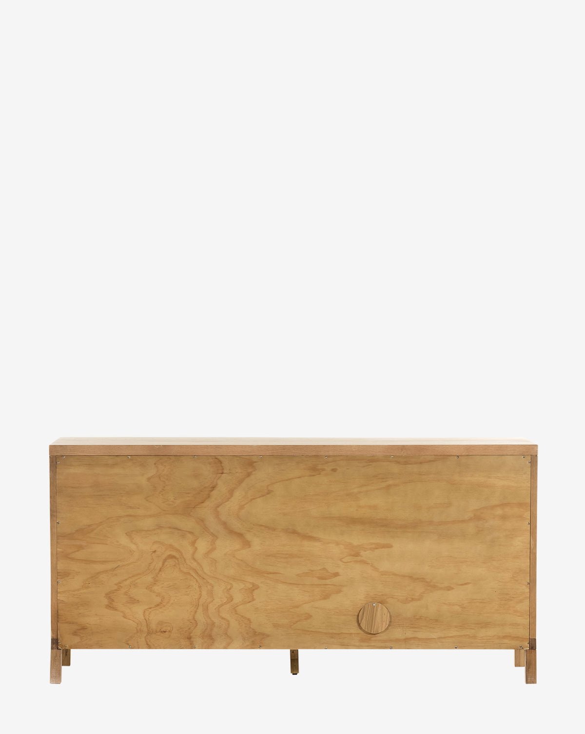 The Mora Sideboard features a simple, rectangular wood design with a honey oak finish, classic short sturdy legs, and a small round wooden knob on the front panel near the bottom right corner for mid-century appeal, by McGee & Co.
