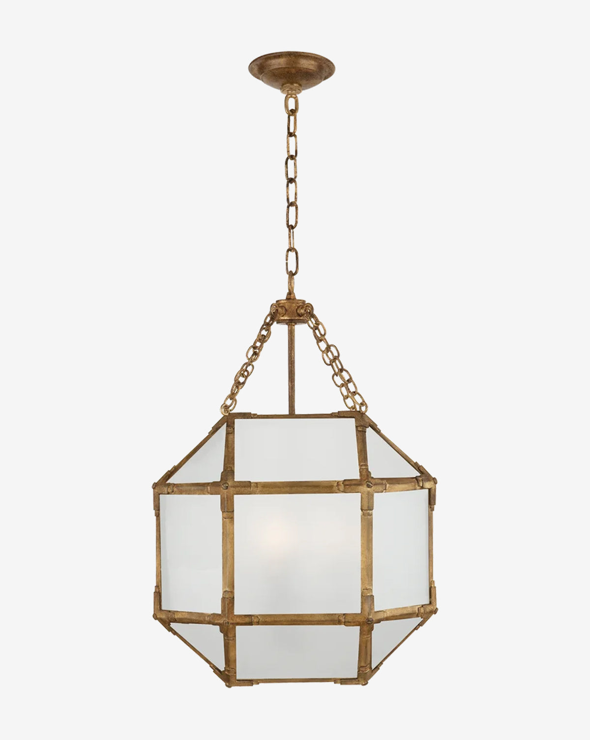 The Morris Lantern by Visual Comfort & Co. Signature features frosted glass panels and a gold frame, suspended from a matching gold chain and ceiling mount, offering a modern take on the iconic oversized lantern design. Vendixs