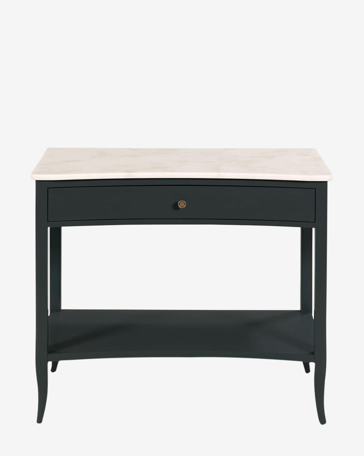 The Noely Nightstand, shown against a plain white background, features a black wooden frame with curved legs, a spacious drawer, lower shelf, and a light-colored stone tabletop by Vendixs
