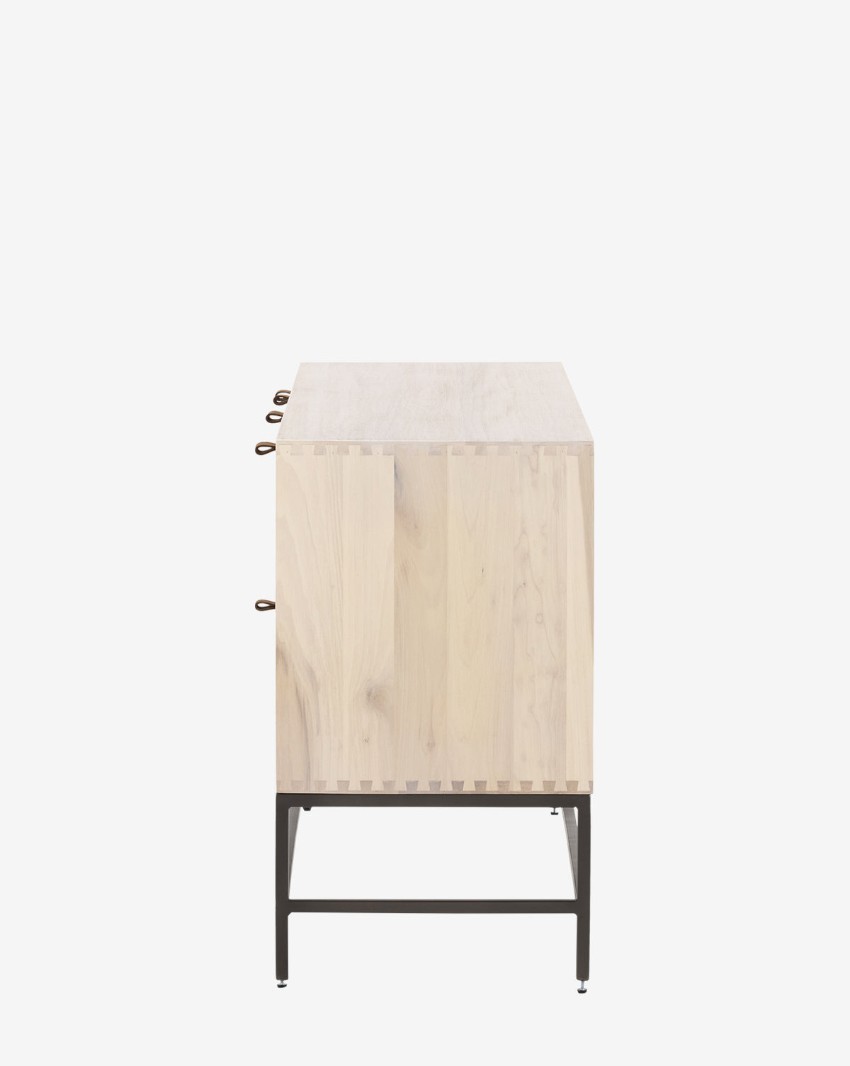Side view of the Noland Sideboard, a modern light wood sideboard with dovetail joints, three round drawer handles, hidden storage, and black metal legs, set against a plain white background, by Vendixs
