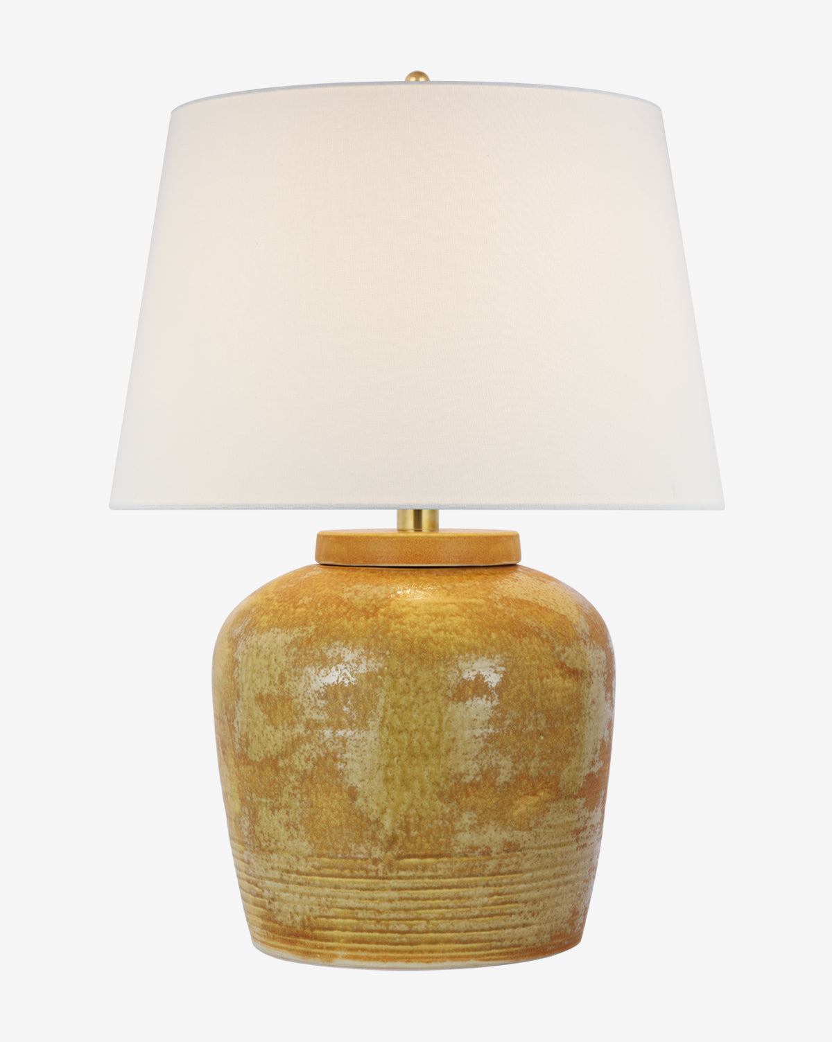 The Nora Table Lamp features a wide, rounded yellow-brown textured ceramic base and a large white linen shade, displayed against a plain white background, by Vendixs