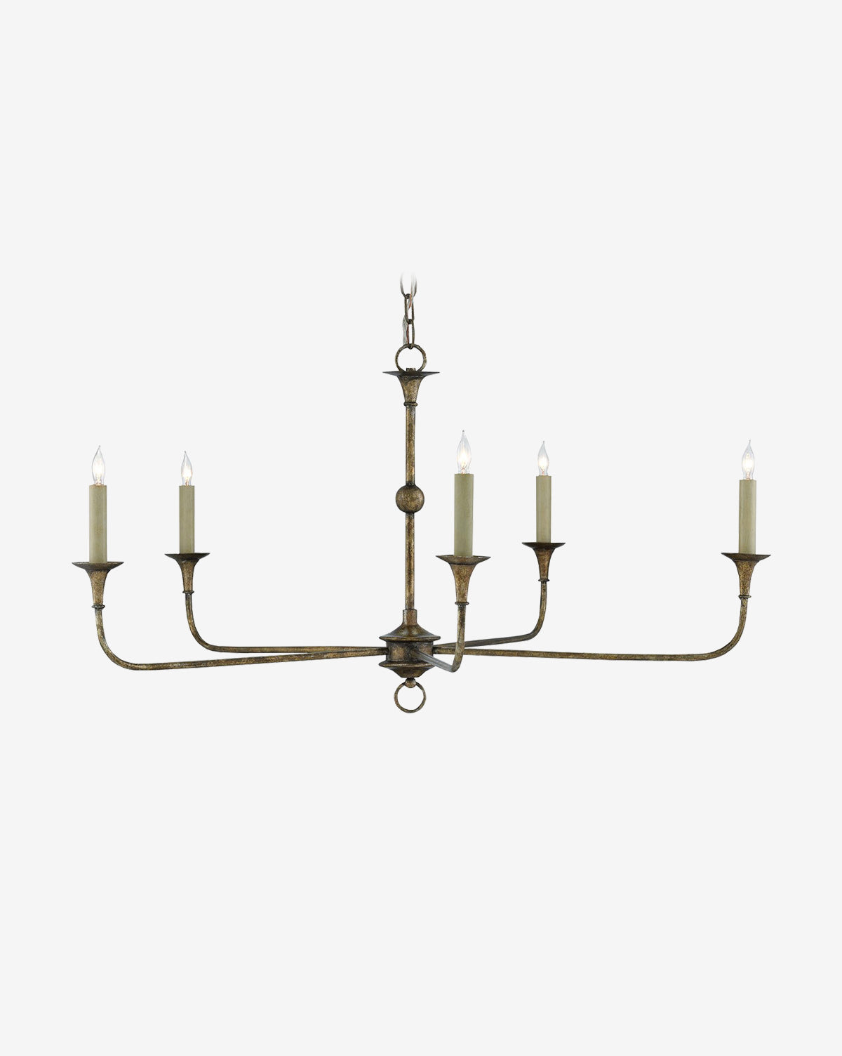 The Nottaway Chandelier by Currey & Co. showcases a vintage bronze finish and six candle-style bulbs in a horizontal layout, suspended by rod and chain—a timeless, elegant design with traditional appeal. Vendixs