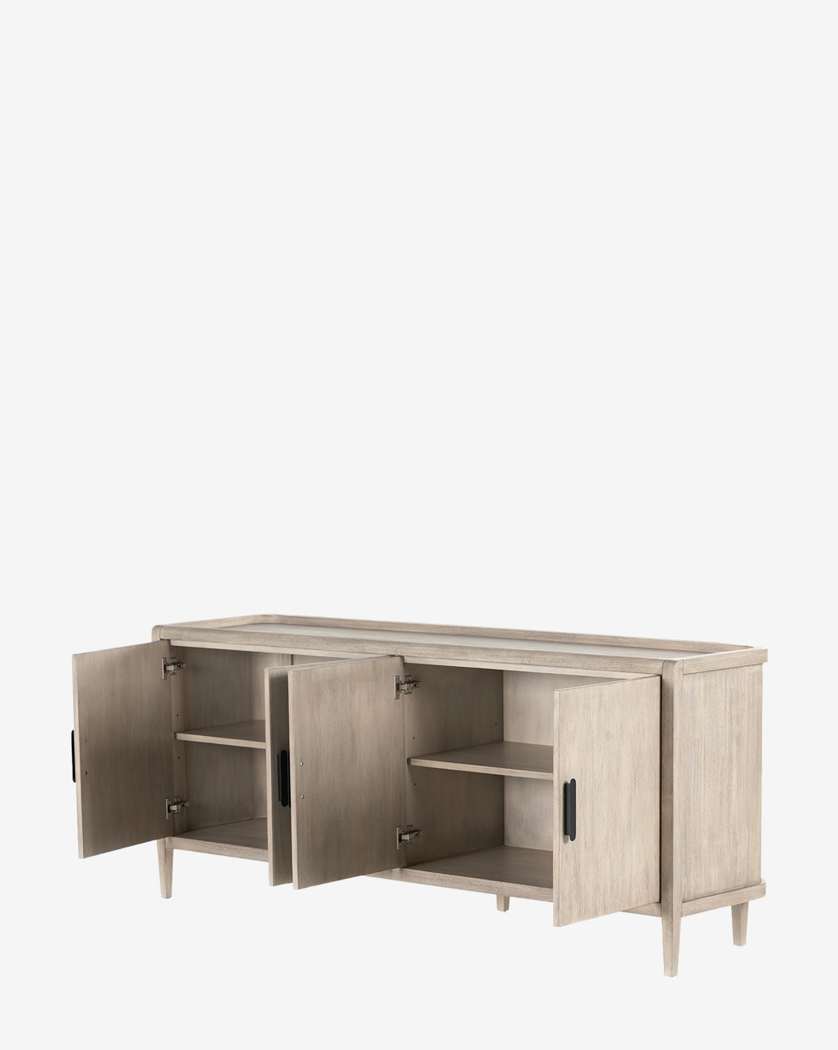 The Nyx Sideboard showcases solid mahogany in a light wood finish, four legs, black rectangular handles, two open cabinet doors, and adjustable shelves for versatile storage, by McGee & Co. Displayed against a plain white background.