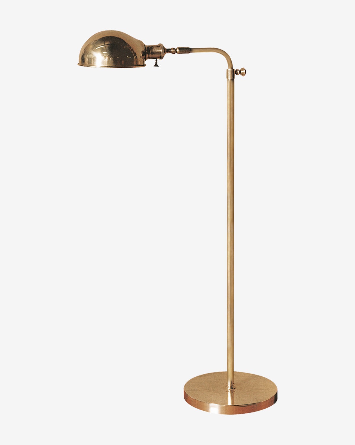 The Old Pharmacy Floor Lamp features a polished gold finish with a round base, straight vertical stem, and adjustable dome-shaped shade, standing elegantly against a plain white background, by Vendixs
