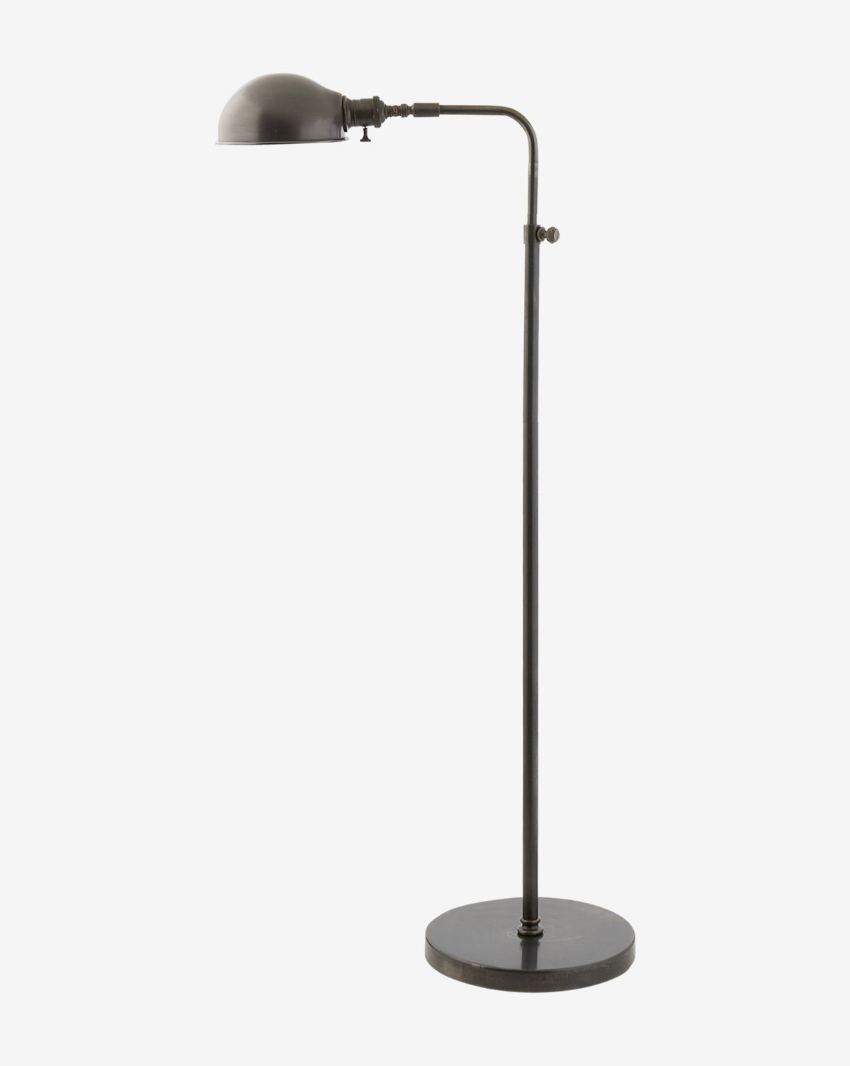 The Old Pharmacy Floor Lamp by Visual Comfort & Co. Signature is a black metal traditional task floor lamp with an adjustable arm, round base, dome-shaped shade, and minimalist industrial design. Vendixs