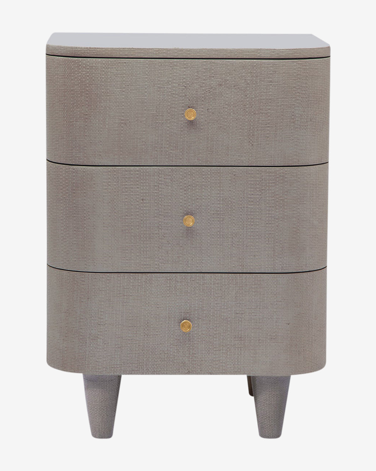 The Olinda Nightstand is a modern bedroom piece featuring three drawers with brass pulls, rounded edges, a textured gray faux raffia finish, and four short legs, by Vendixs