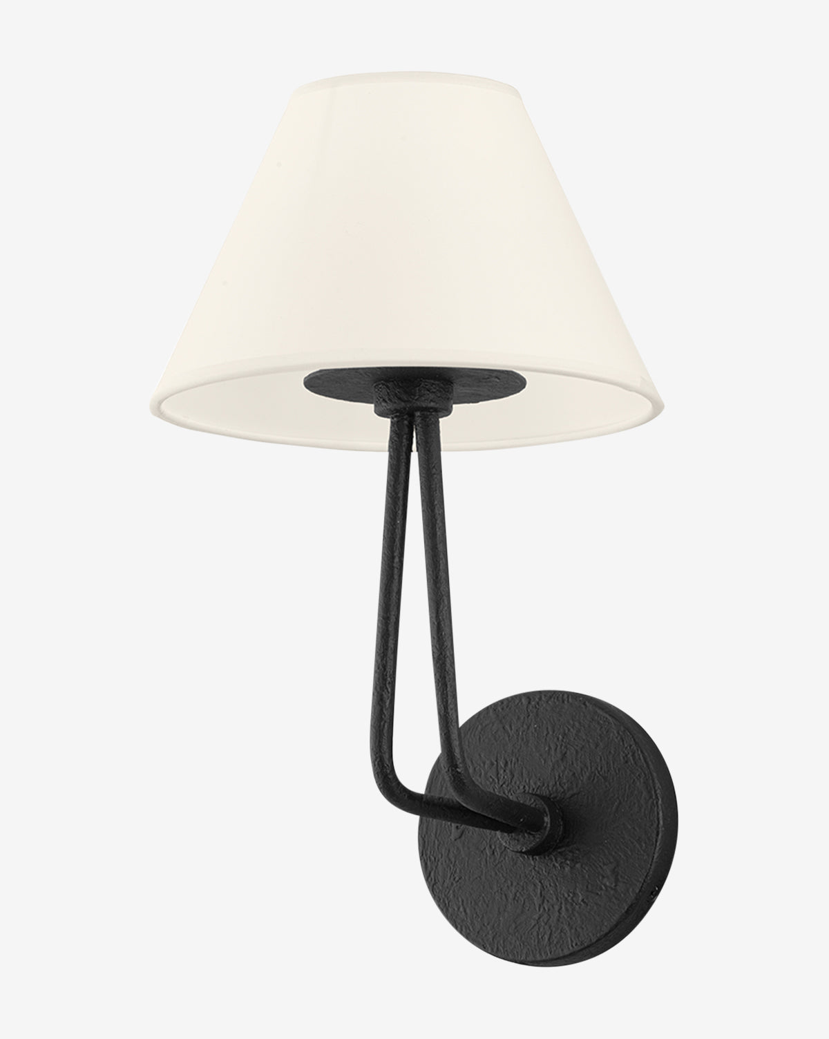 The Ozias Wall Sconce by Troy Lighting features a round black metal base and arm, paired with a cream linen conical shade for a modern look. Vendixs