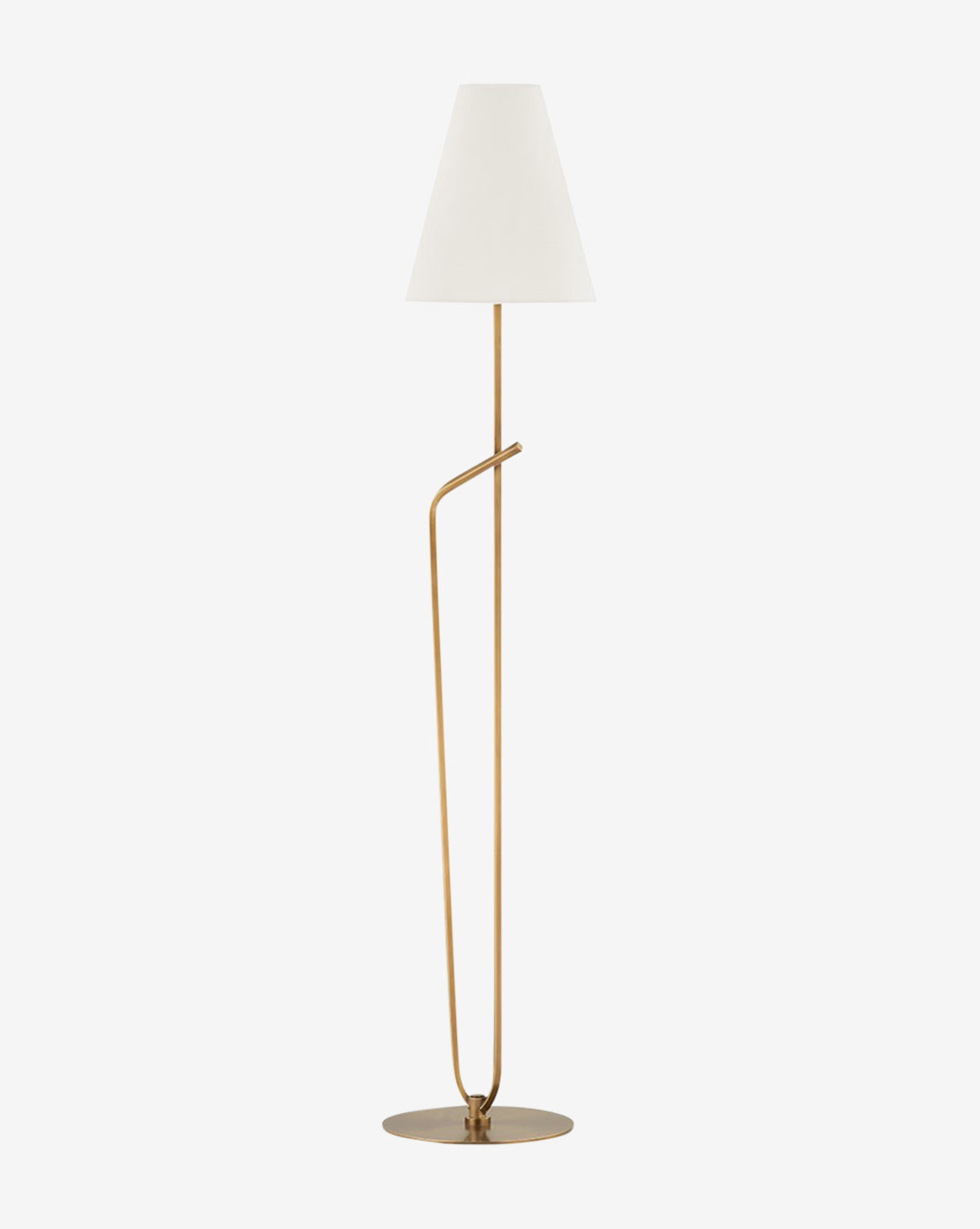The Pearce Floor Lamp by Troy Lighting showcases a slim gold metal base with a patina brass finish and a uniquely bent rod supporting a white conical shade, standing on a round base against a plain white background. Vendixs