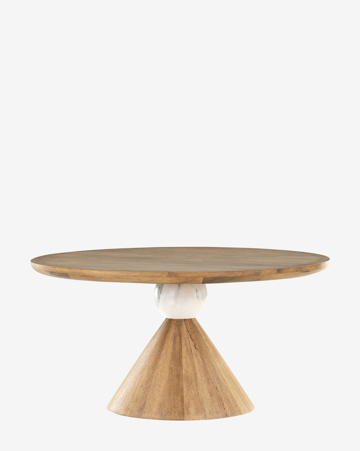The Pedretti Dining Table features a smooth, round parawood top, a conical wooden base, and a central white marble sphere, highlighting Italian design against a plain white background by Vendixs
