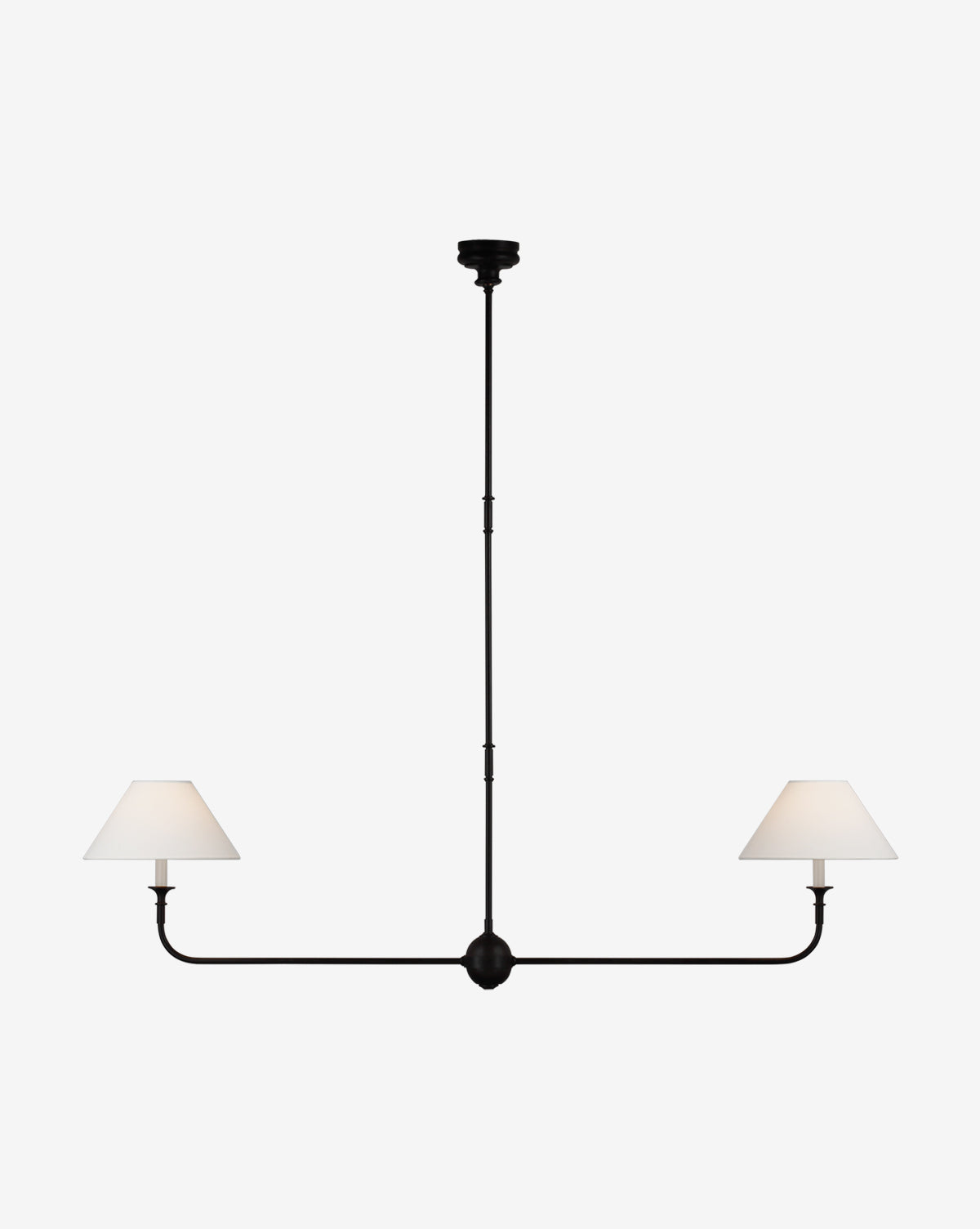 The Piaf Large Two Light Linear Pendant by Visual Comfort & Co. Signature features a minimalist black two-arm design with white cone lampshades, elegantly suspended from a slim rod against a plain white background. Vendixs