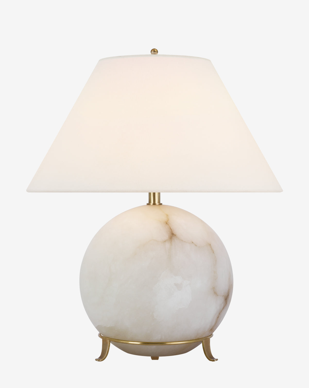 The Price Table Lamp features a round alabaster base with subtle gray veining, a wide linen shade, and a small gold stand with curved feet, by Vendixs