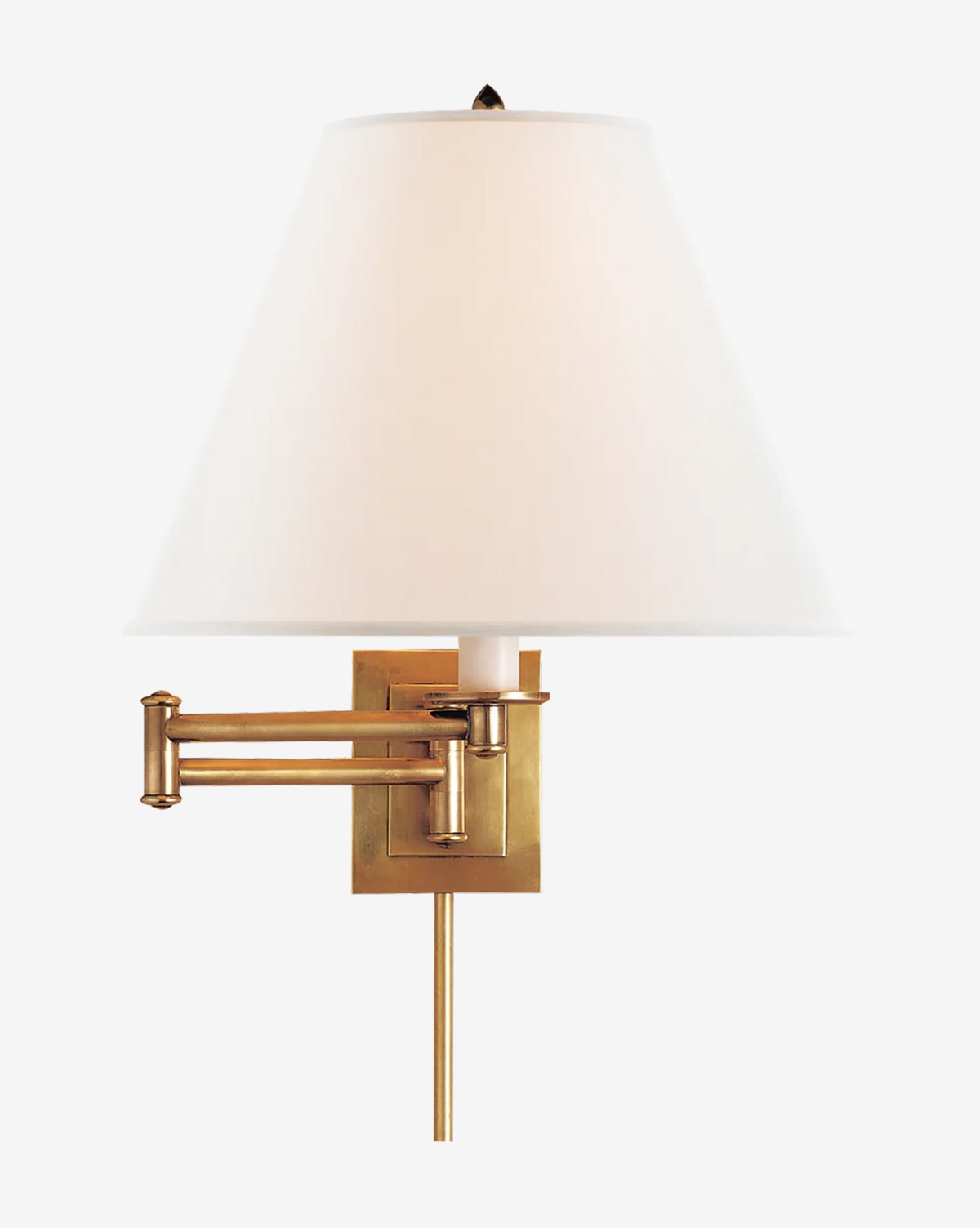 The Primitive Swing Arm Wall Light by Visual Comfort & Co. Signature features a brass wall-mounted swing arm, rectangular base, and white conical shade—ideal for stylish, functional lighting in your reading nook. Pictured on a plain white background. Vendixs