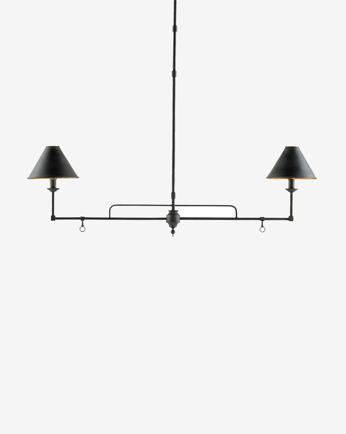 The Prosperity Rectangular Chandelier by Currey & Co. is a black metal pendant light with two conical shades hanging from a central rod, inspired by rustic chandeliers and oil lamps, shown against a plain white background. Vendixs