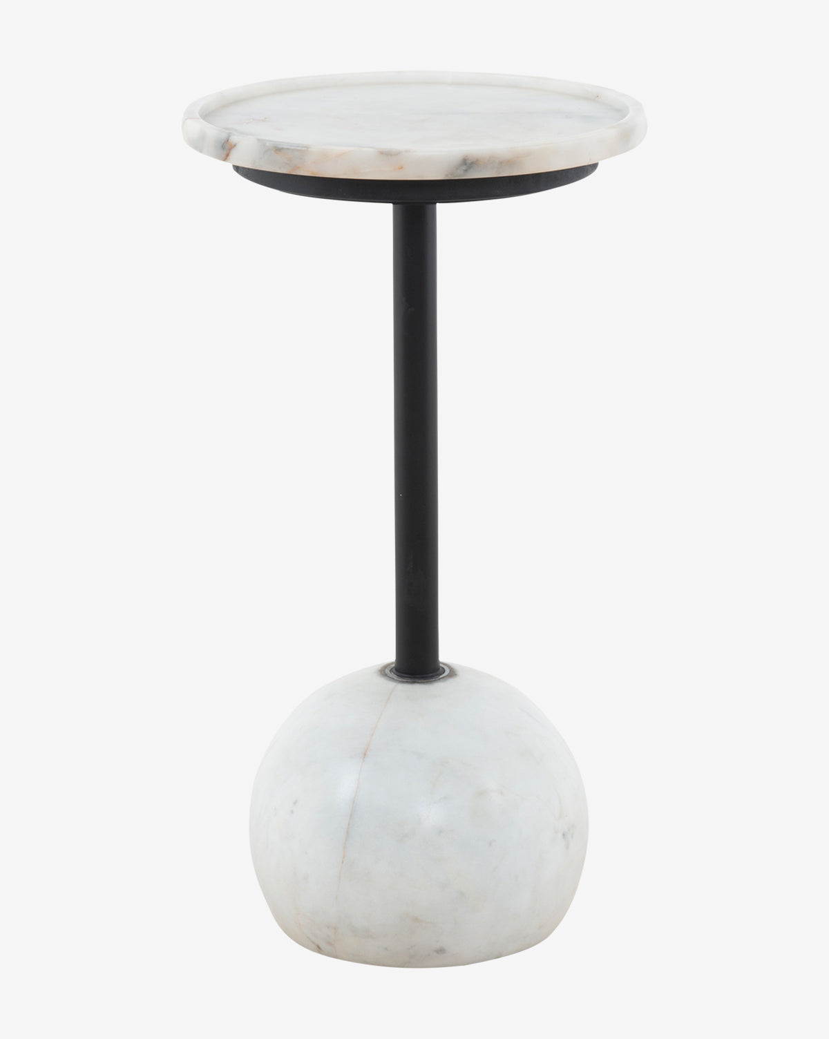 The Raelynn Side Table combines a round white marble top with a spherical base and sleek black metal stem, showcasing modern style and antique marble charm, by Vendixs