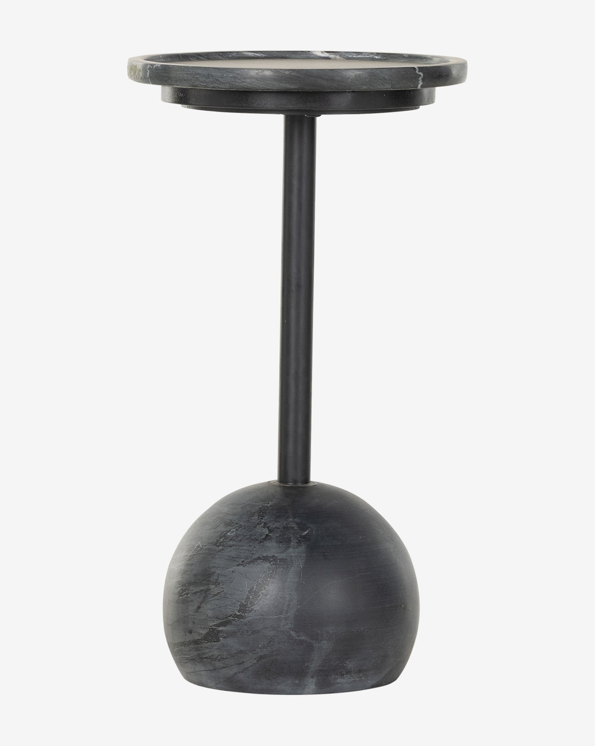 The Raelynn Side Table showcases a modern black finish, round top, central stem, and dome-shaped base. Its minimalist design brings sculptural appeal, serving as a striking accent inspired by antique marble elegance, by Vendixs