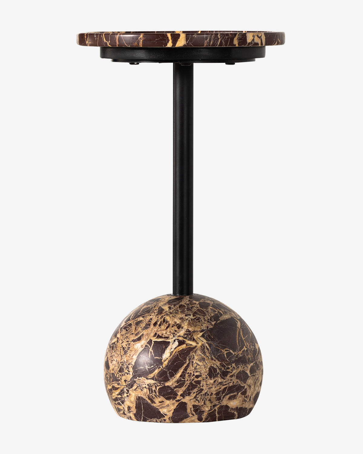 The Raelynn Side Table boasts a round brown antique marble top, black vertical support, and a solid brown marble base with light beige veining—an elegant addition to any space, by McGee & Co.