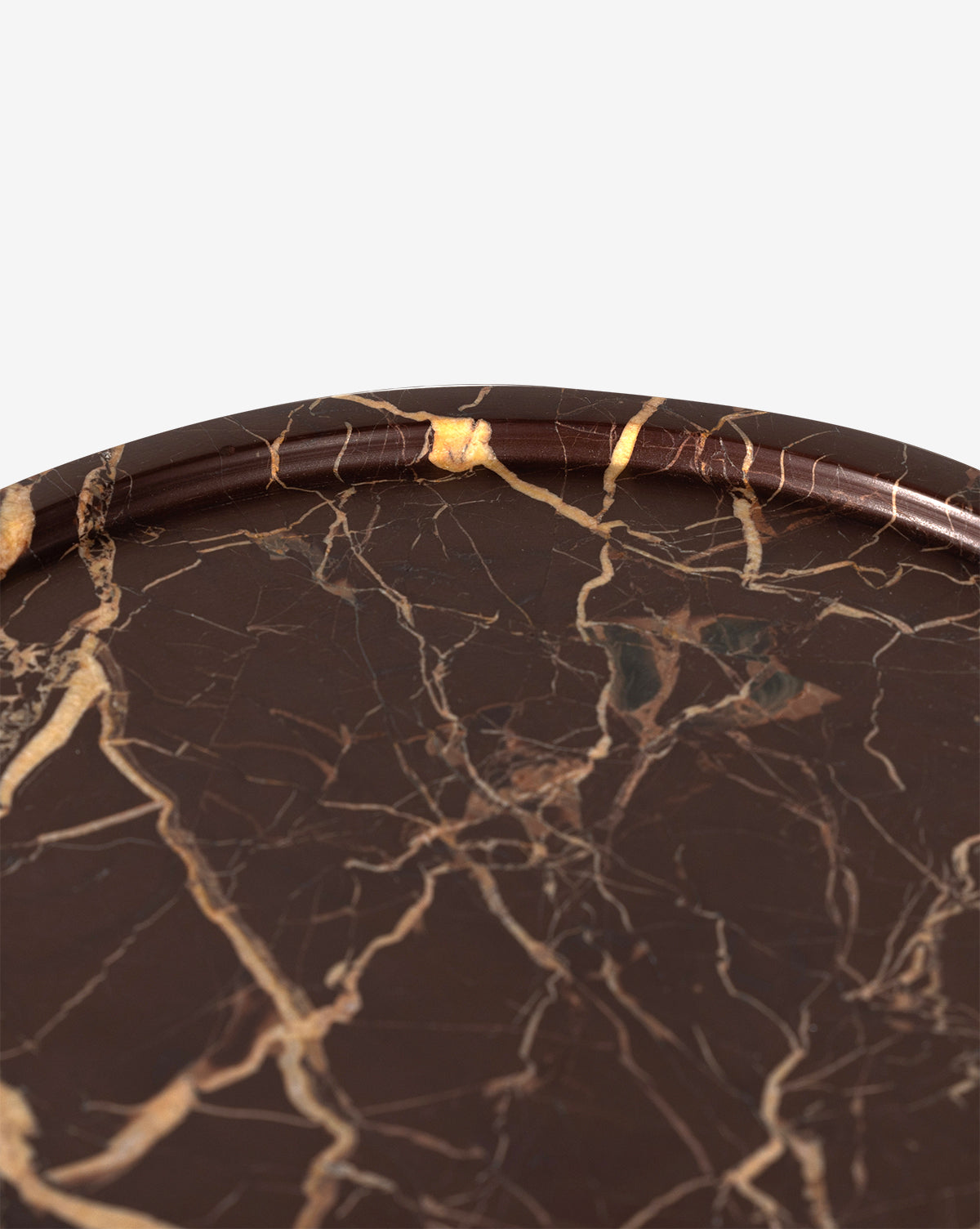 A round tray with a dark brown, antique marble-like surface featuring tan and gold veining is displayed on a plain white background—an ideal accent piece for pairing with the Raelynn Side Table, by Vendixs