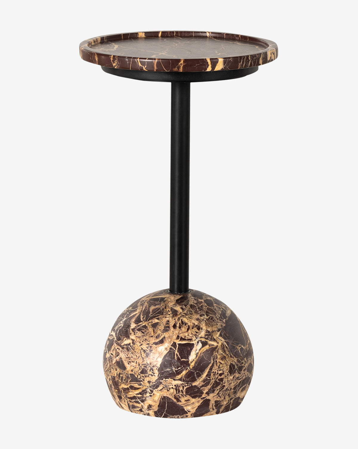 The Raelynn Side Table combines a brown and gold antique marble tray-style top with a slender black support and dome-shaped base for a modern, elegant accent, by McGee & Co.