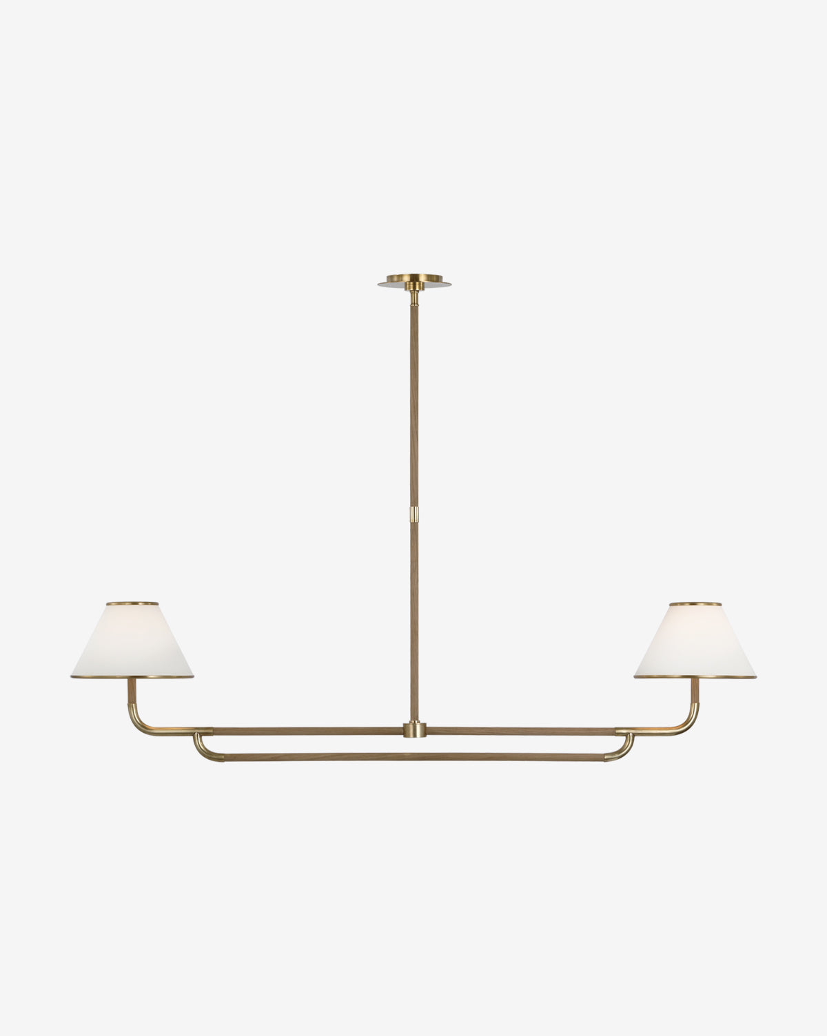 The Rigby Linear Chandelier by Visual Comfort & Co. Signature features two white linen fabric shades on a sleek brass bar, elegantly suspended from the ceiling for a modern touch by Vendixs