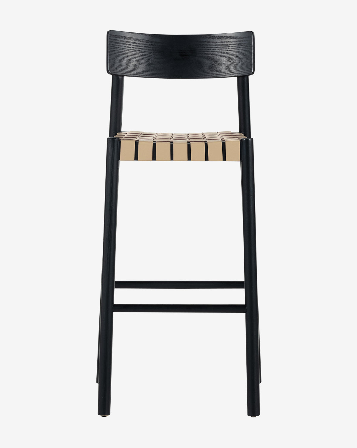 The Robson Stool is a modern kitchen stool with a wooden backrest, a light woven leather seat, and a sleek black frame, displayed on a plain white background by McGee & Co.