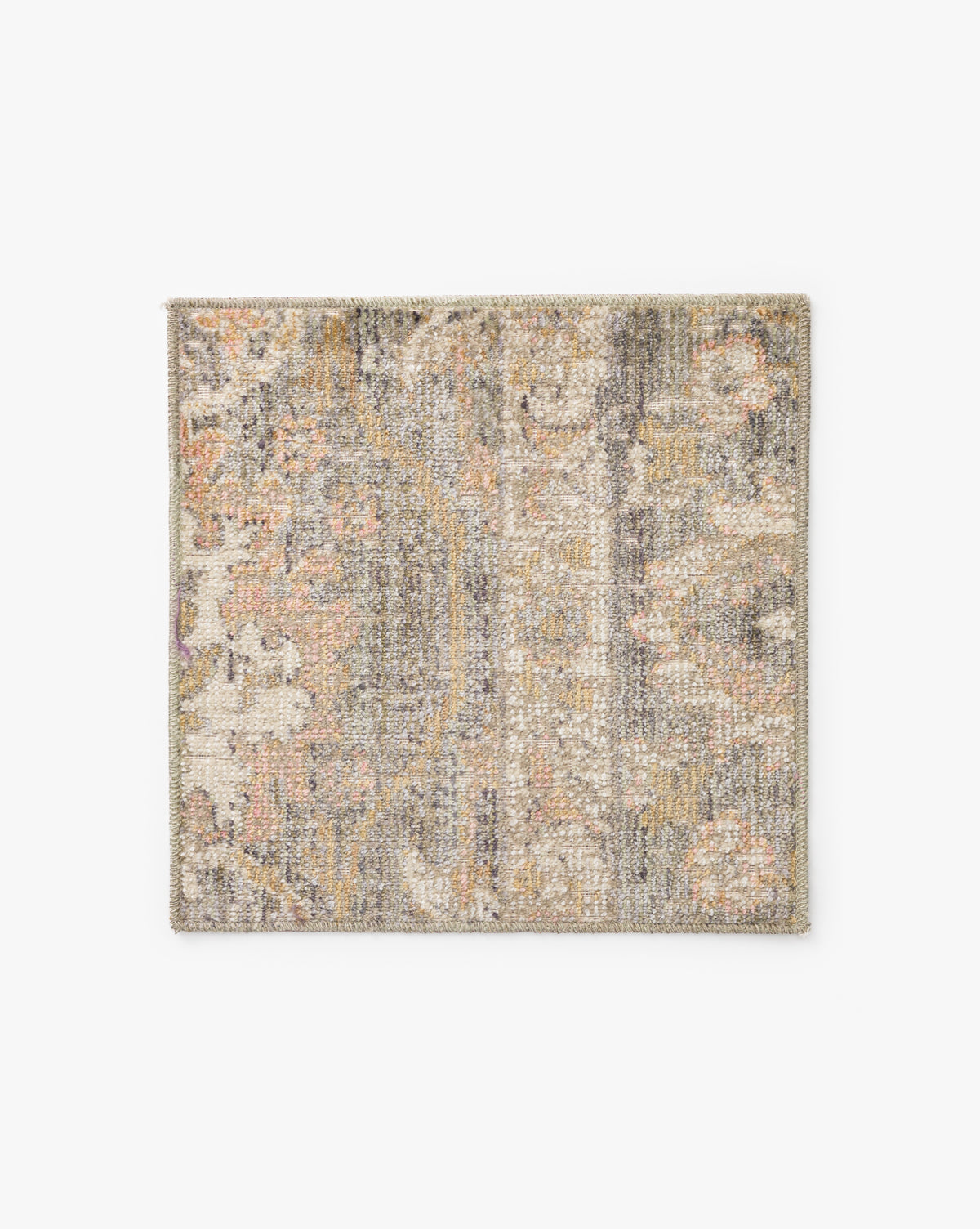 The Rosemarie Collection No. 1 Sage Swatch is a square, durable low-pile rug sample with a distressed vintage-style pattern in muted beige, gray, and pale peach on white, offering a subtly worn look for vintage modern appeal, by Vendixs