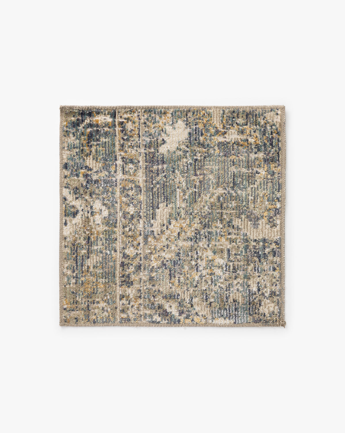 The Rosemarie Collection No. 3 Swatch is a rectangular power-loomed rug with an abstract, distressed pattern in muted beige, gray, blue, and gold over a white background by Vendixs