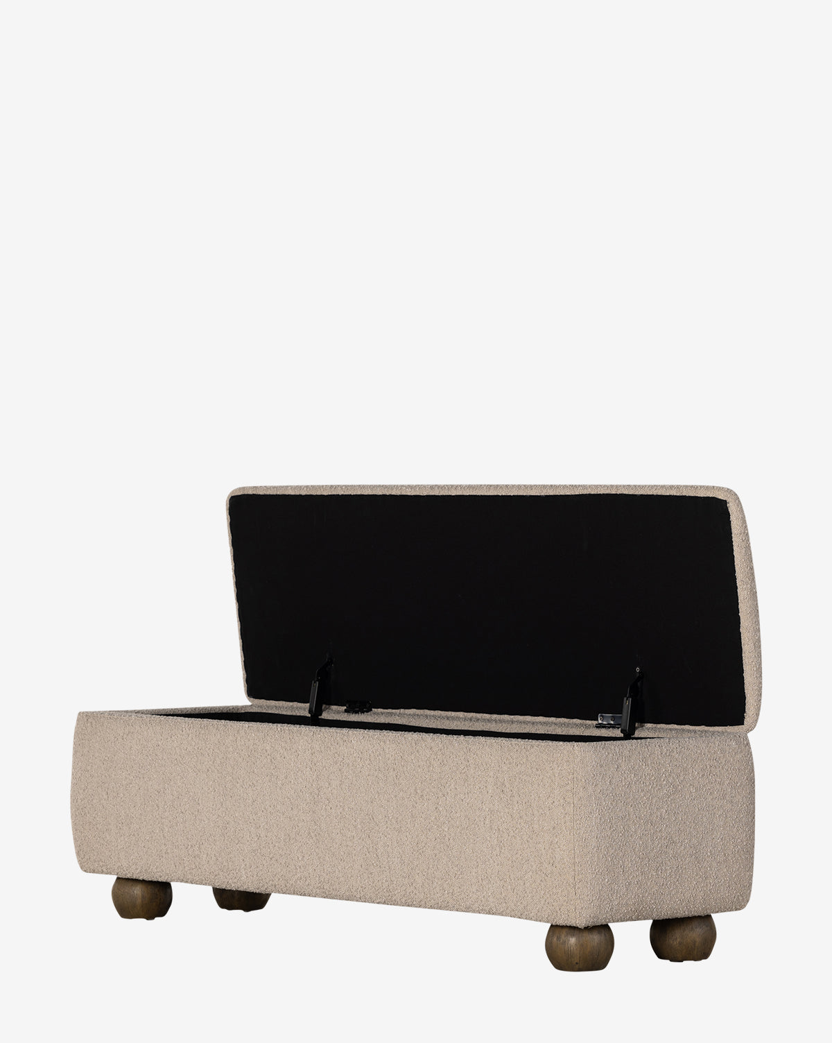 The Rowley Trunk is a beige upholstered storage bench with a hinged lid, revealing interior storage. Featuring a modern design and four rounded wooden legs, this rectangular bench is displayed against a plain white background by Vendixs