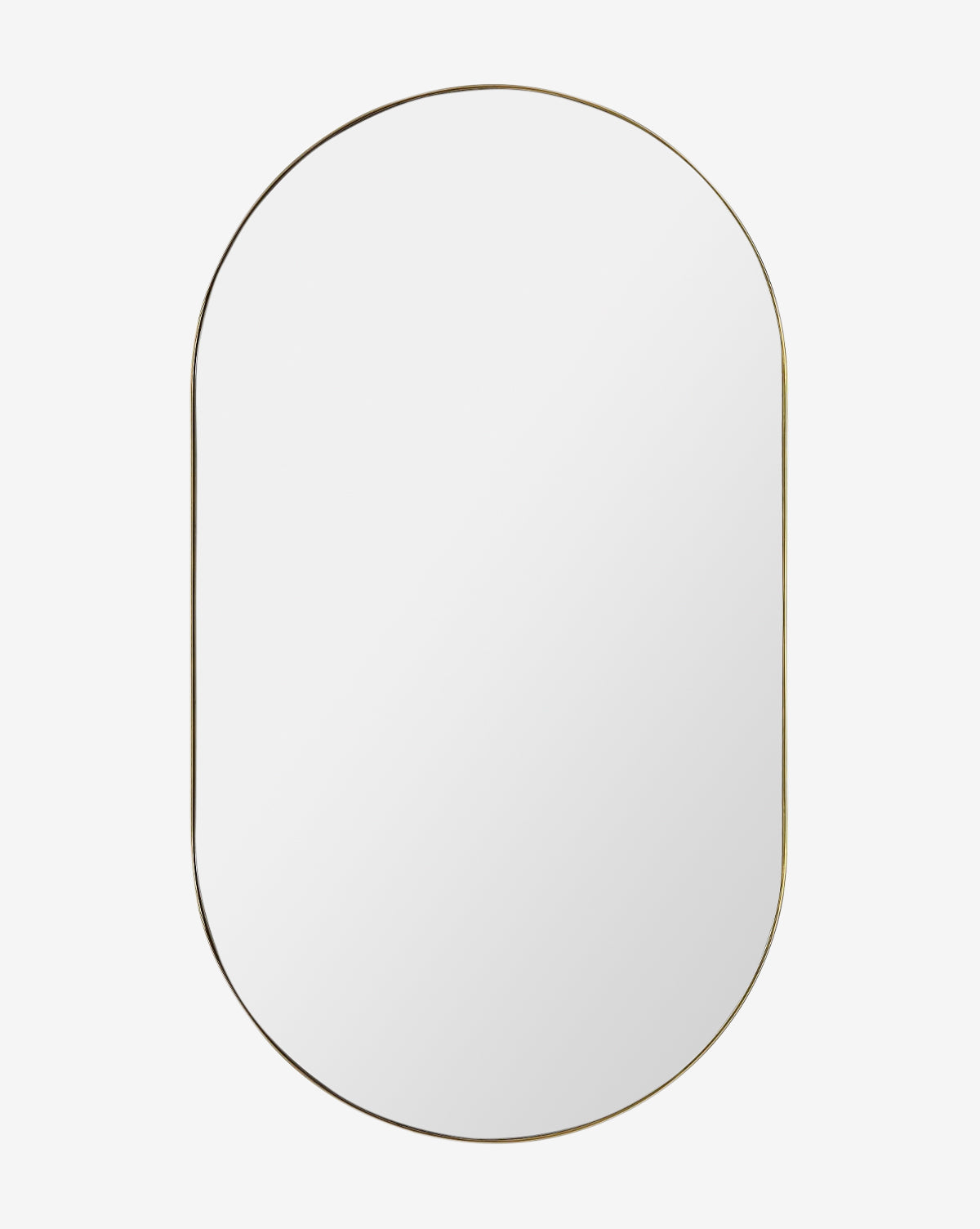 The Rye Wall Mirror features a vertical oval design with a slim gold frame, offering modern elegance and style to any room. Set against a white background, this mirror enhances your décor with its contemporary charm by Vendixs