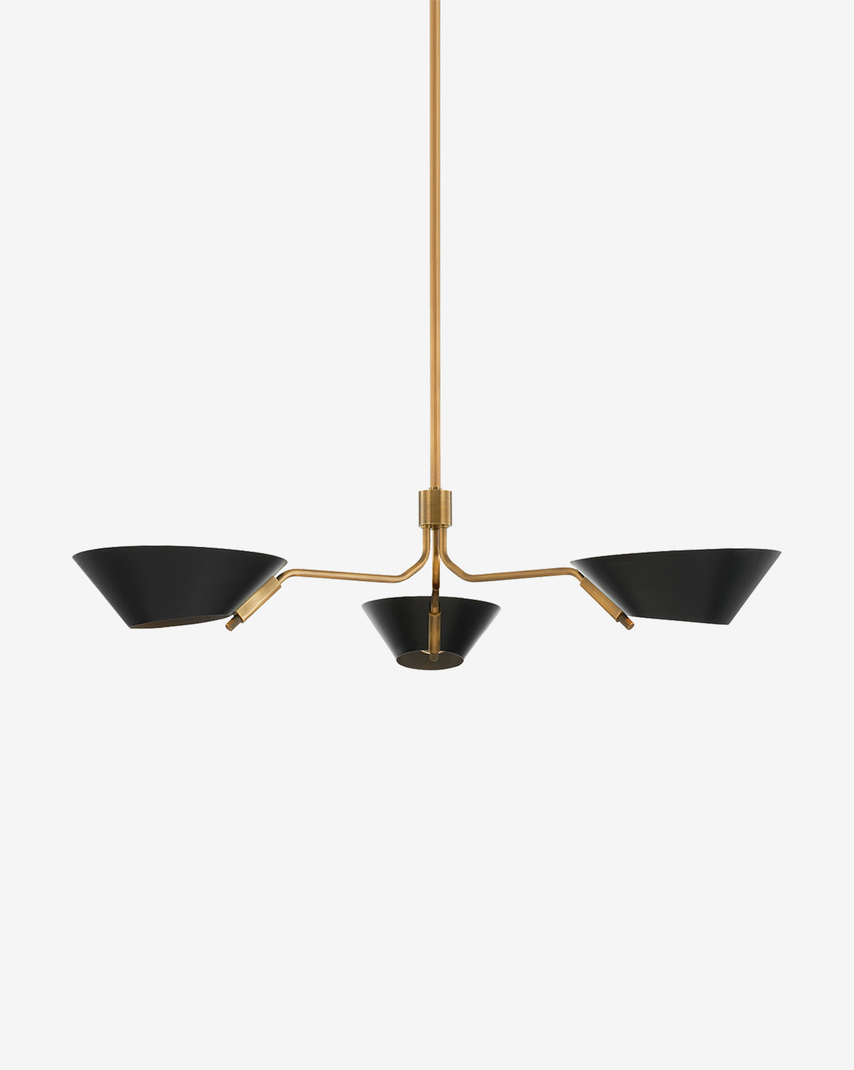 The Sacramento Chandelier by Troy Lighting features three black, cone-shaped shades and a patina brass gold frame on a gold rod—a striking modern lighting piece ideal for contemporary spaces. Vendixs