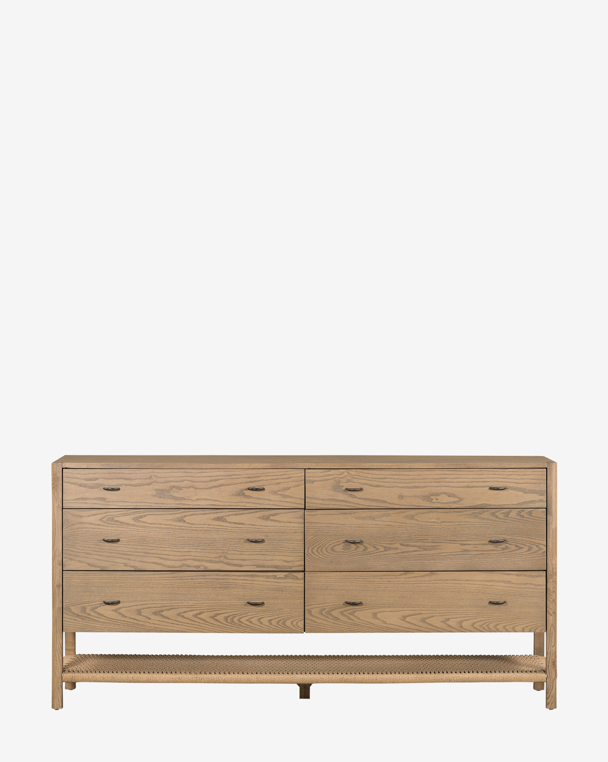 The Sequoia Dresser features six drawers with sleek metal handles and a lower open shelf with a decorative edge, made from light wood in Danish design, shown against a plain white background by Vendixs