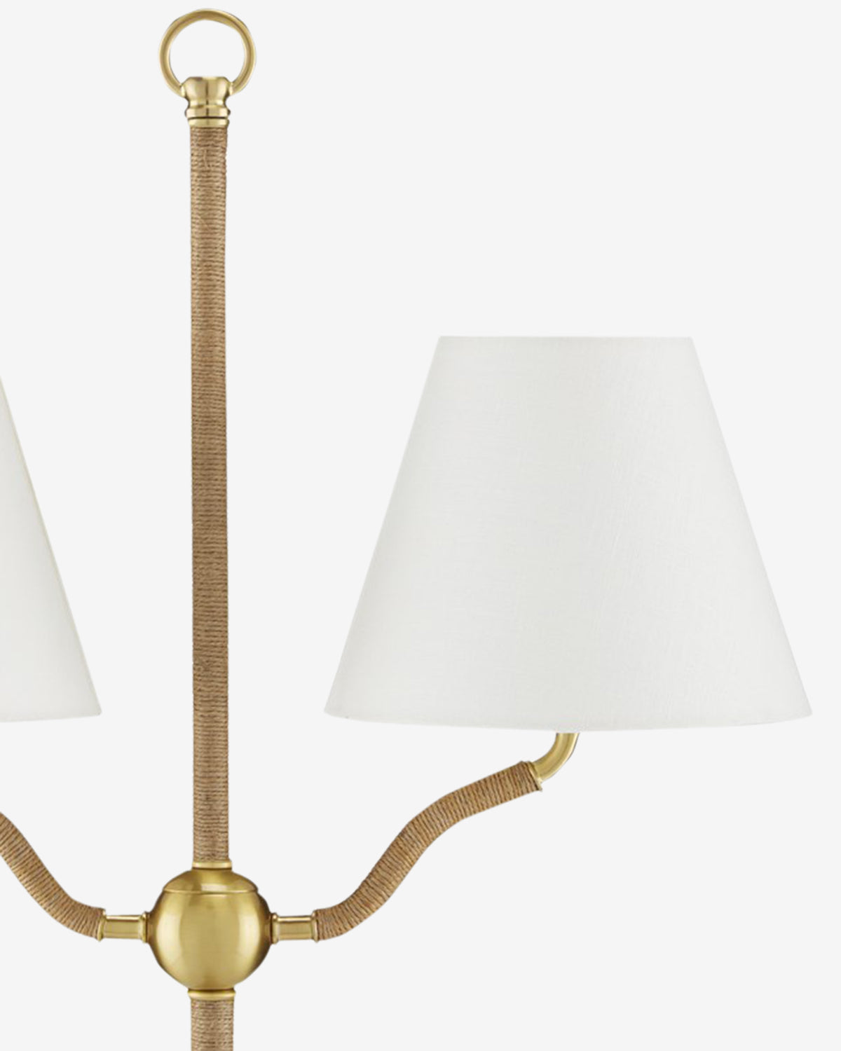 The Sirocco Floor Lamp features a brass finish with two jute-wrapped arms, each holding a white tapered lampshade; only one arm and its lampshade are fully shown against a plain white background, by Vendixs
